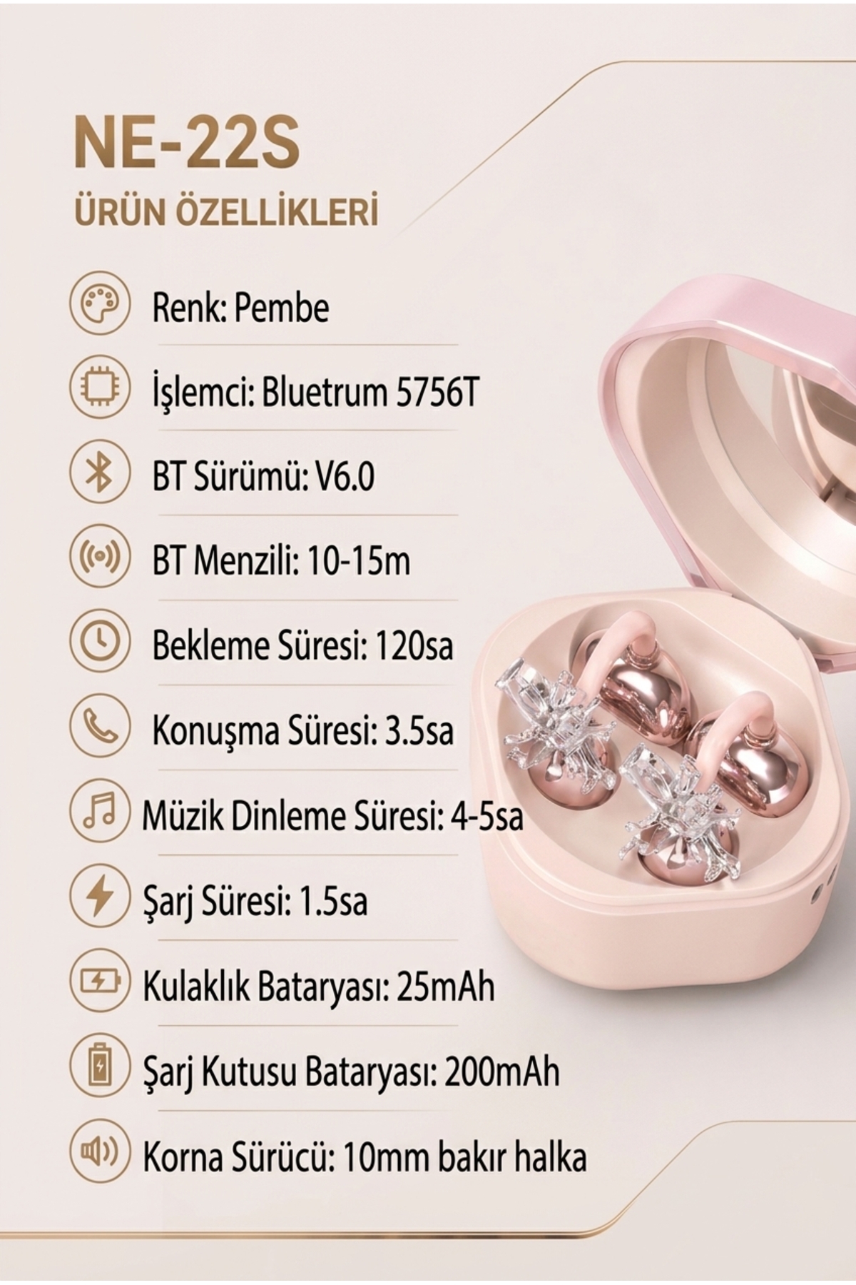 Mmctech Charmlı Klipsli Bluetooth Kulaklık Kablosuz ANC ENC Çift Mic Küpe Kulaklık