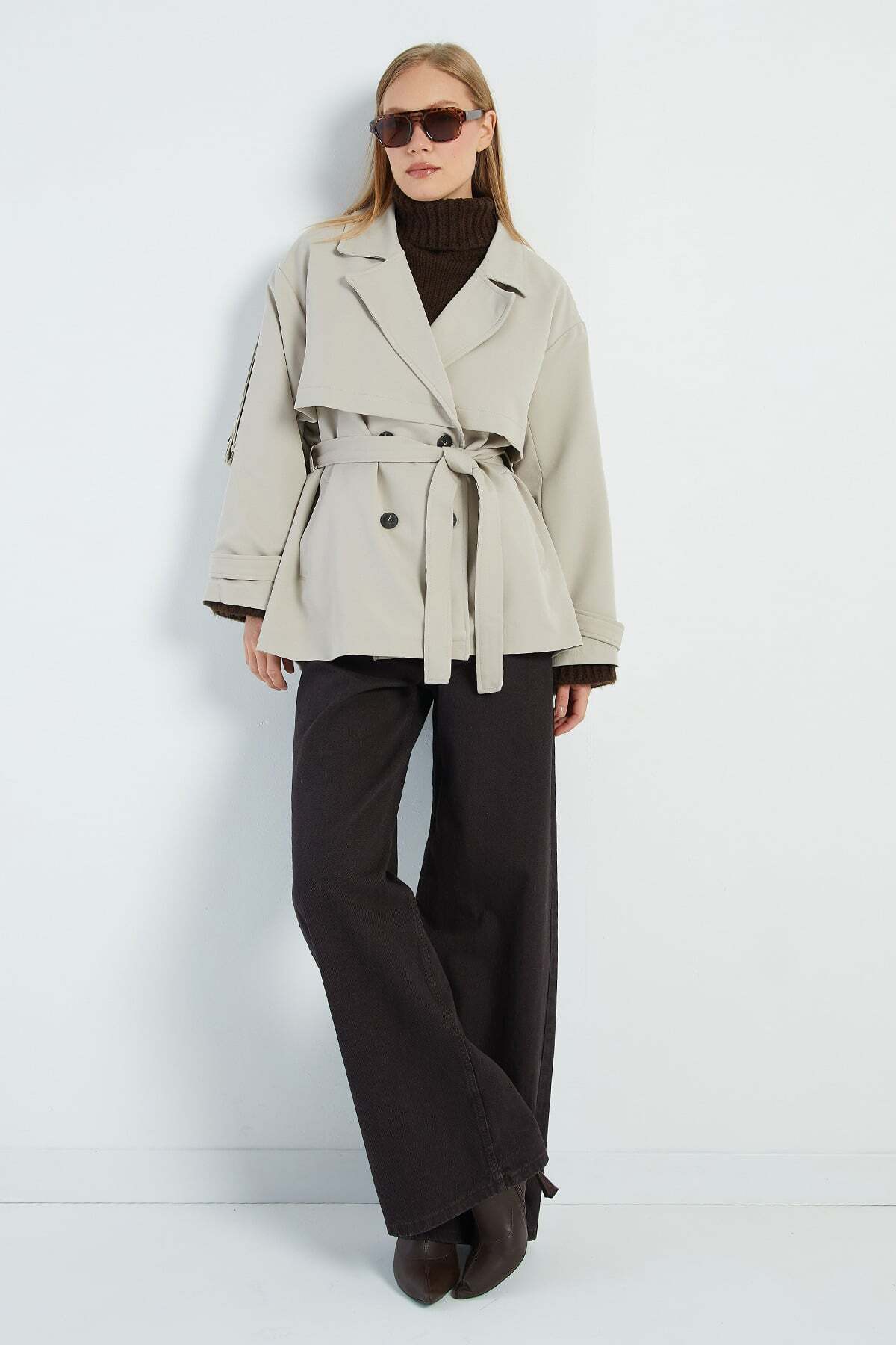 Fulla Moda Beli Kemerli Kruvaze Yaka Oversize Trençkot görsel 6