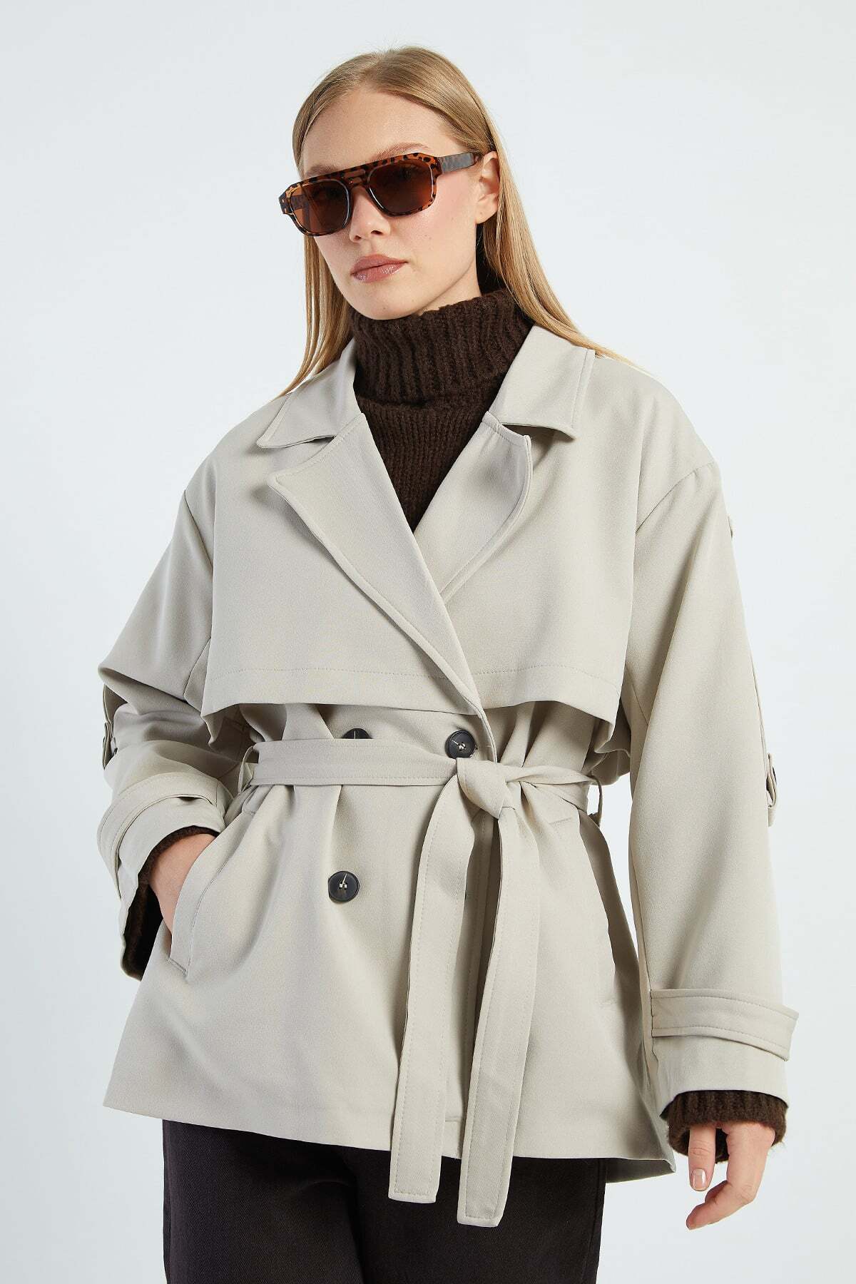 Fulla Moda Beli Kemerli Kruvaze Yaka Oversize Trençkot görsel 4