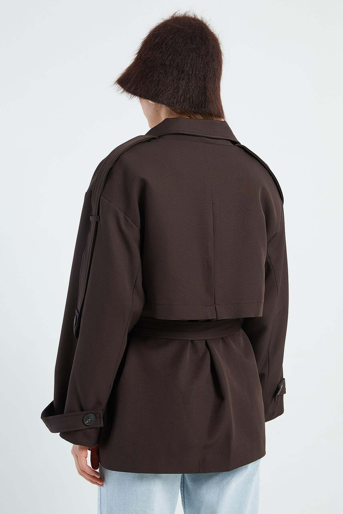 Fulla Moda Beli Kemerli Kruvaze Yaka Oversize Trençkot görsel 8