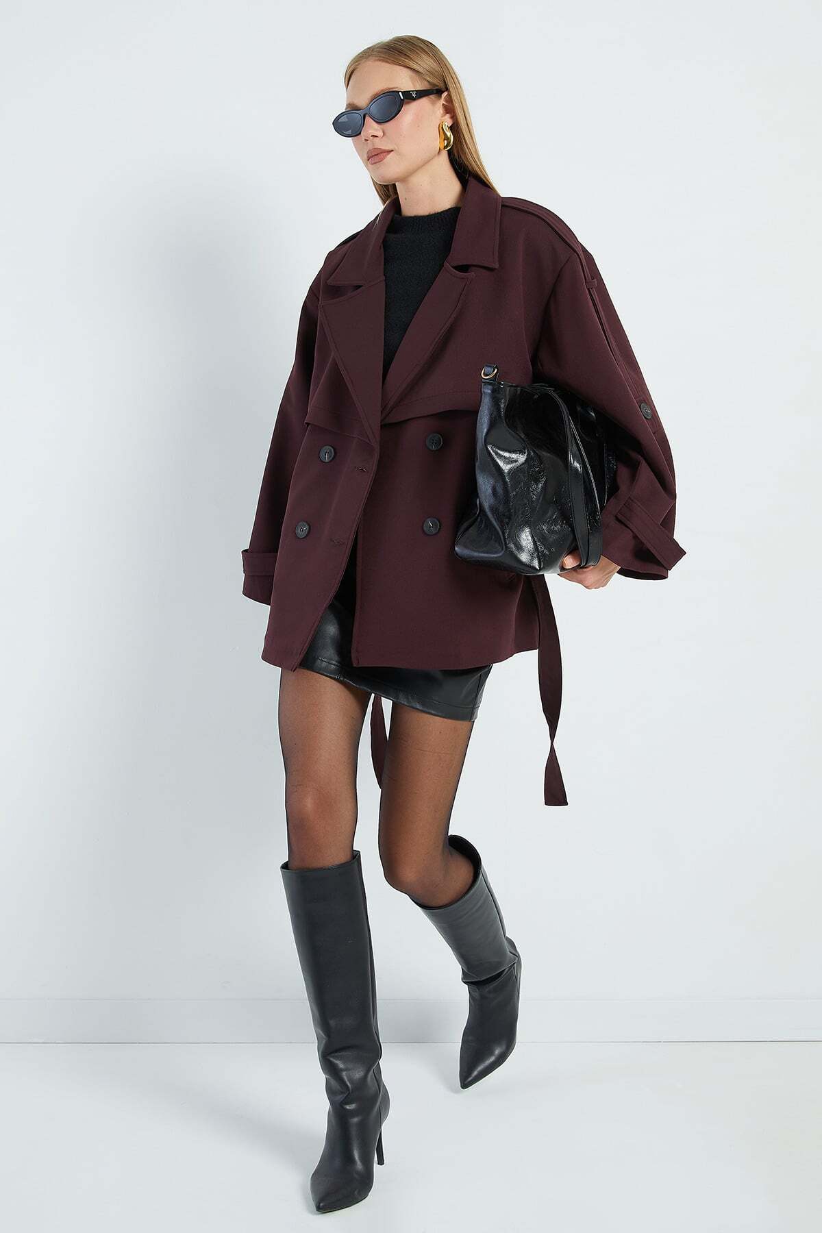 Fulla Moda Beli Kemerli Kruvaze Yaka Oversize Trençkot görsel 3