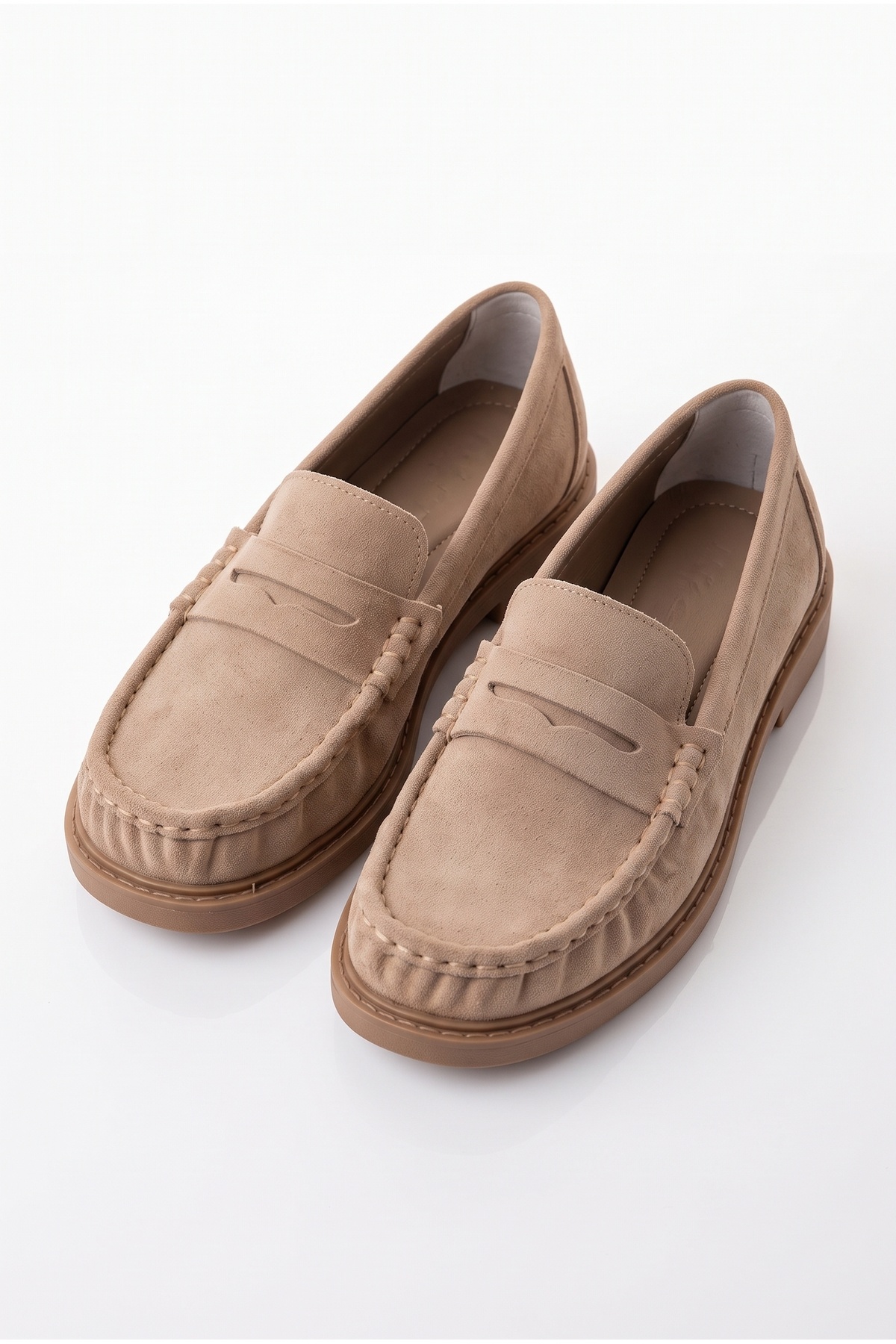 guijarro Bej Kadın Penny Hakiki Süet Loafer - Yeni Trend Süet Kaymaz Taban El Dikişli Günlük Ayakkabı görsel 3