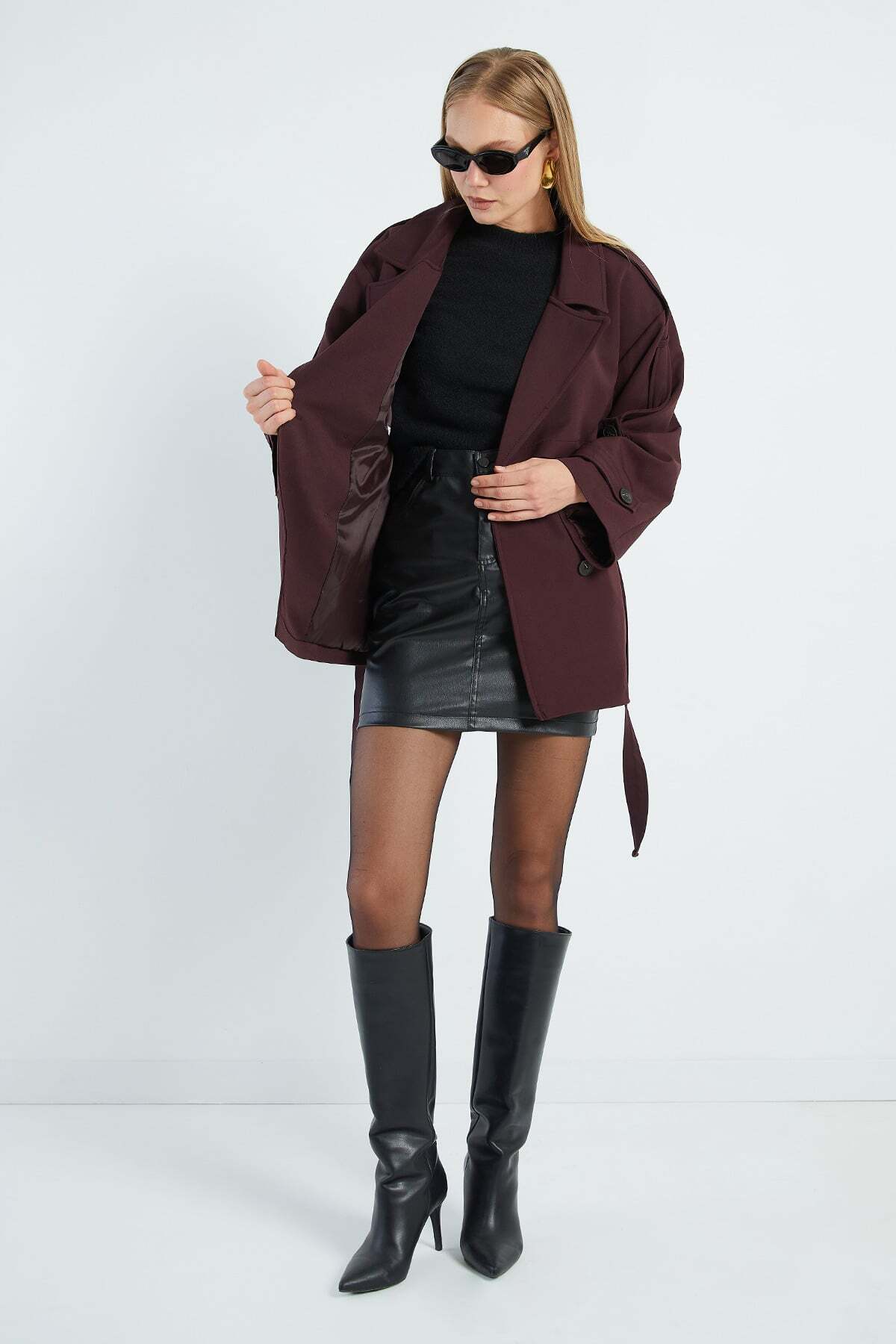 Fulla Moda Beli Kemerli Kruvaze Yaka Oversize Trençkot görsel 4