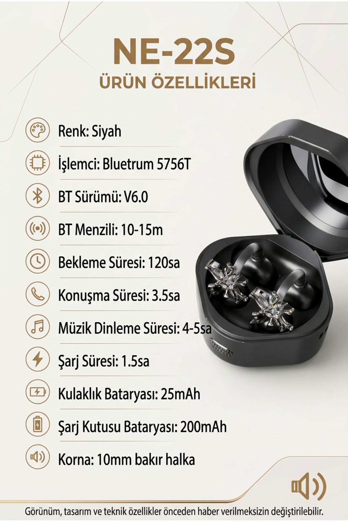 Mmctech Charmlı Klipsli Bluetooth Kulaklık Kablosuz ANC ENC Çift Mic Küpe Kulaklık