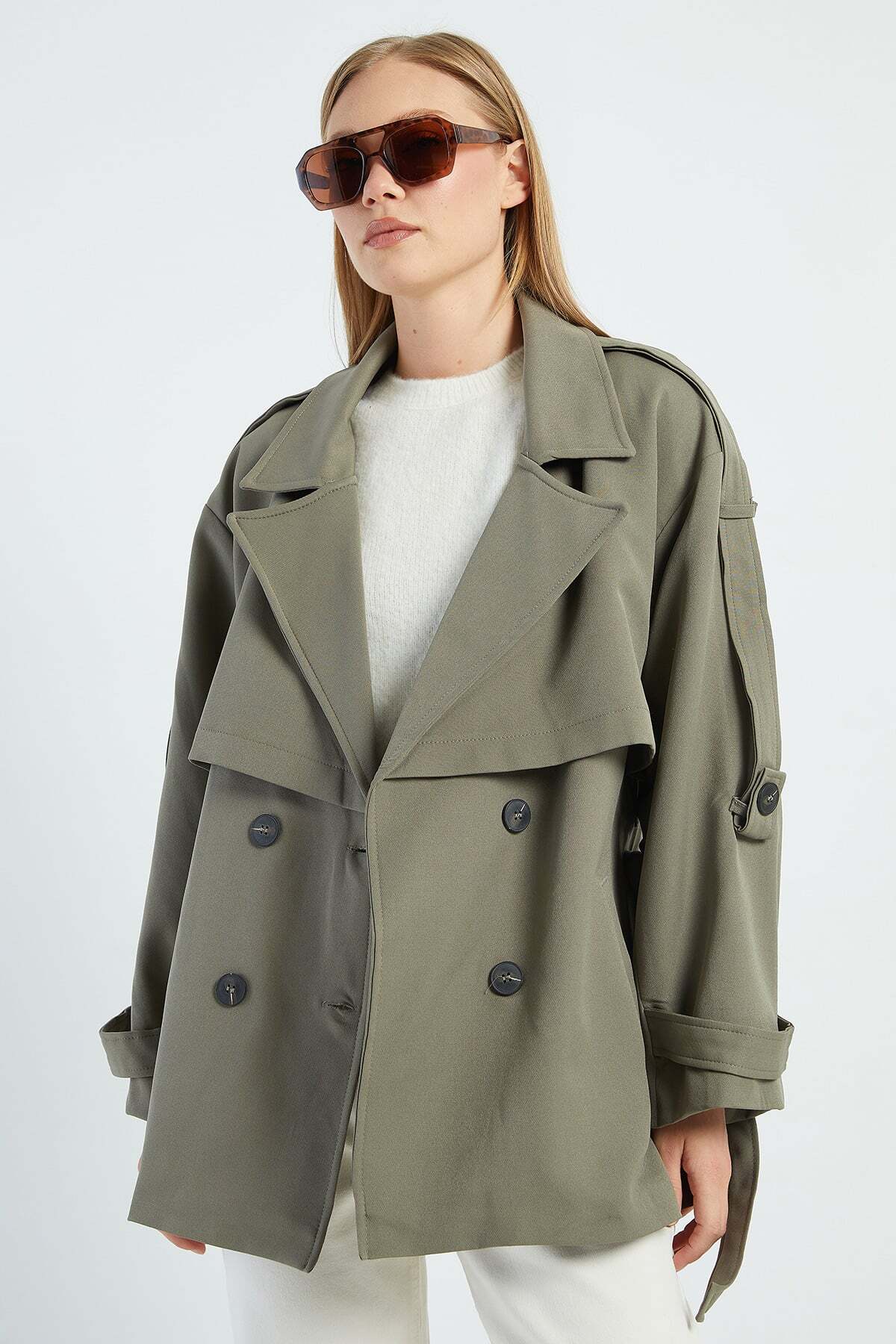 Fulla Moda Beli Kemerli Kruvaze Yaka Oversize Trençkot görsel 6