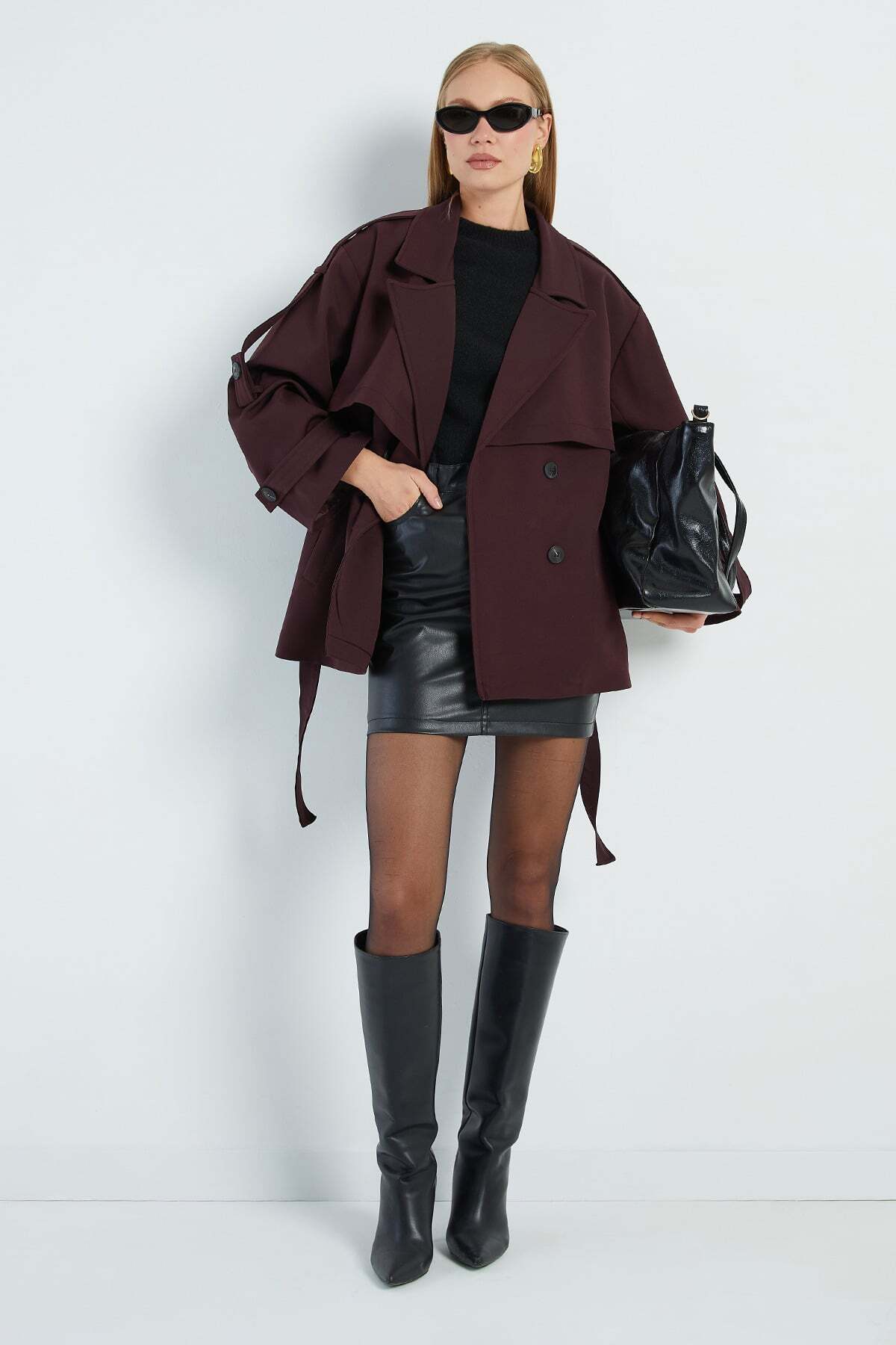 Fulla Moda Beli Kemerli Kruvaze Yaka Oversize Trençkot görsel 2