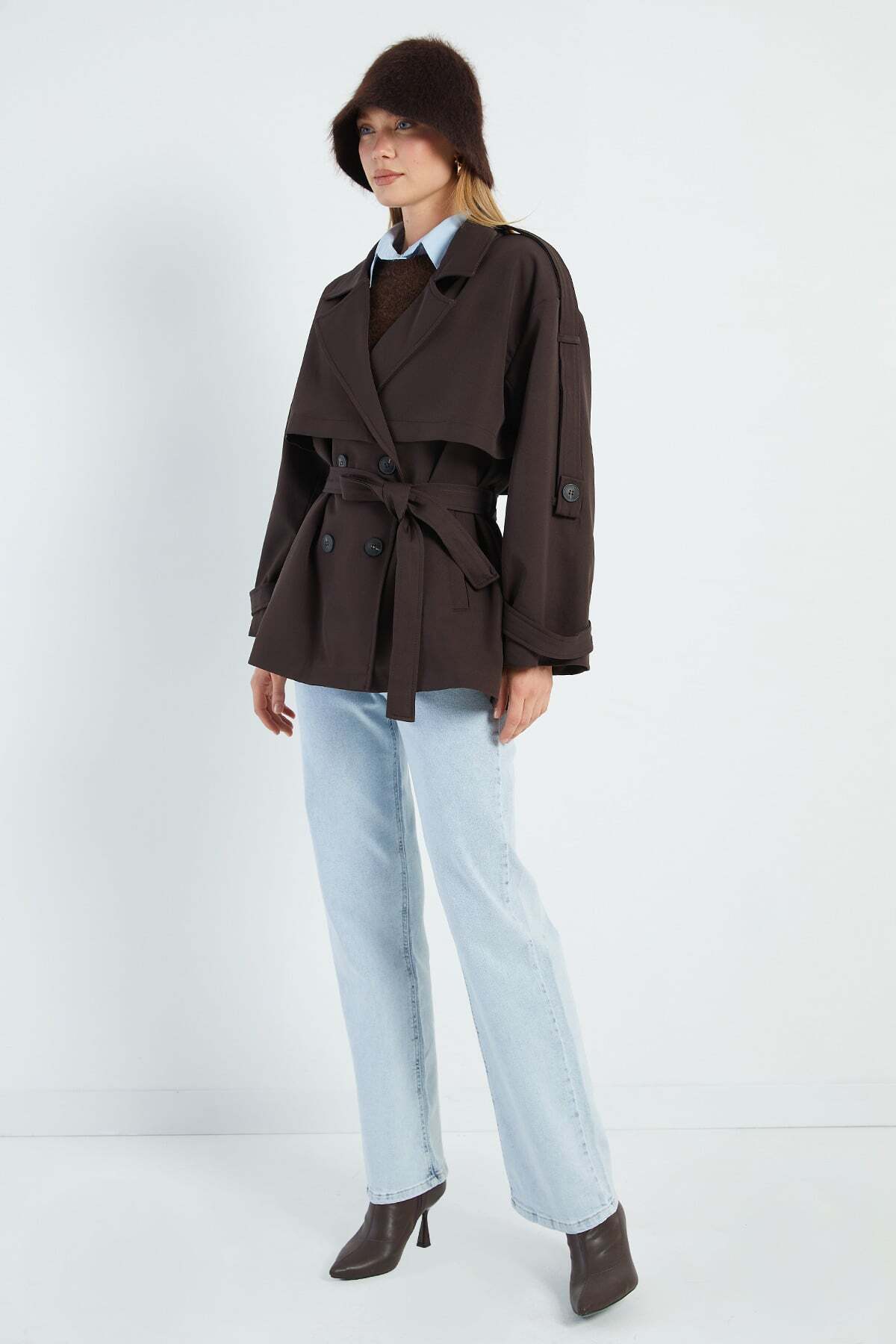 Fulla Moda Beli Kemerli Kruvaze Yaka Oversize Trençkot görsel 7