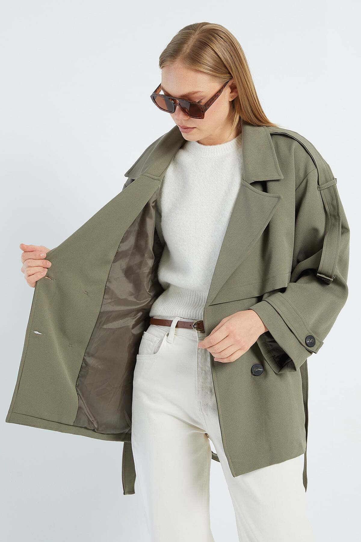 Fulla Moda Beli Kemerli Kruvaze Yaka Oversize Trençkot görsel 4