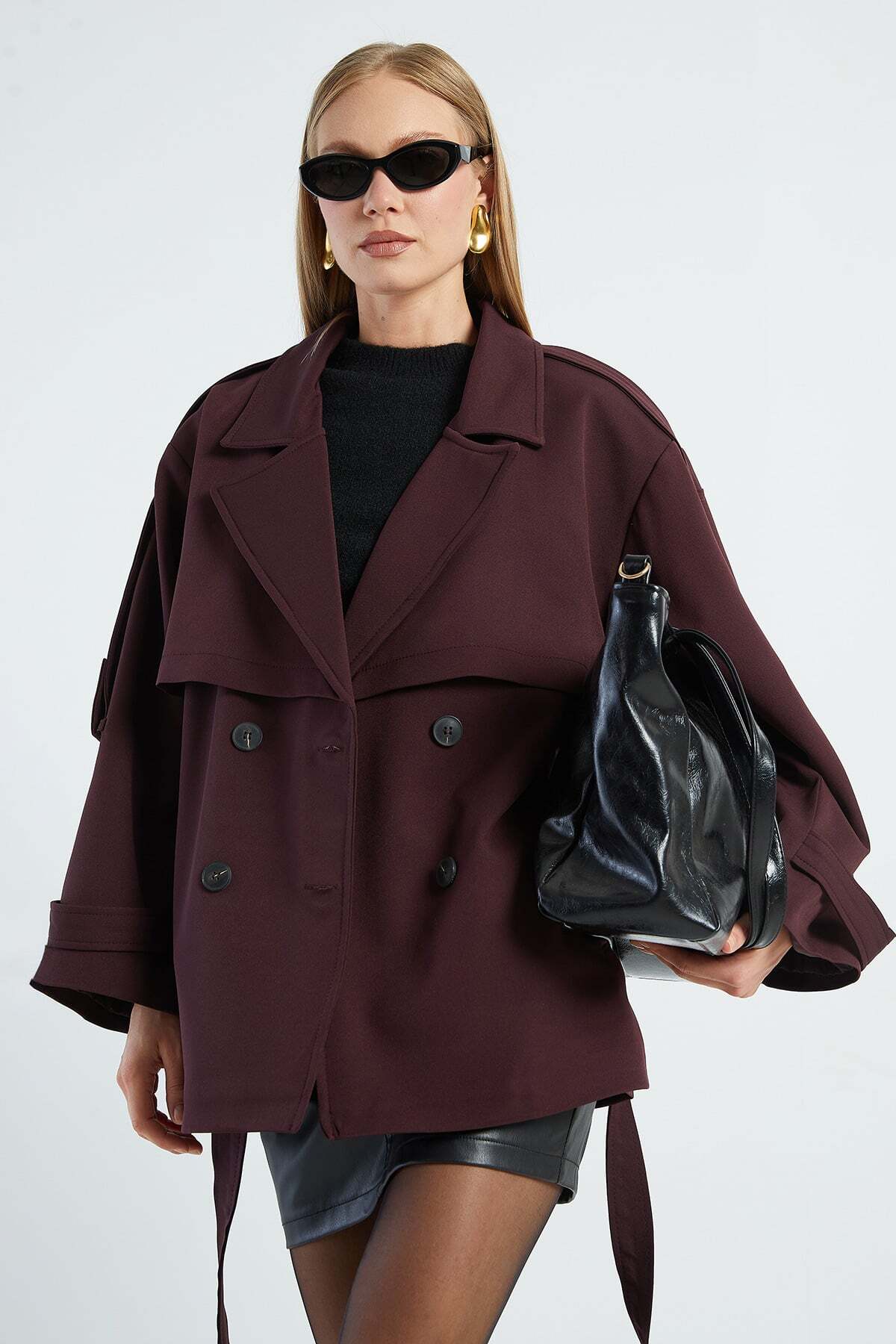 Fulla Moda Beli Kemerli Kruvaze Yaka Oversize Trençkot