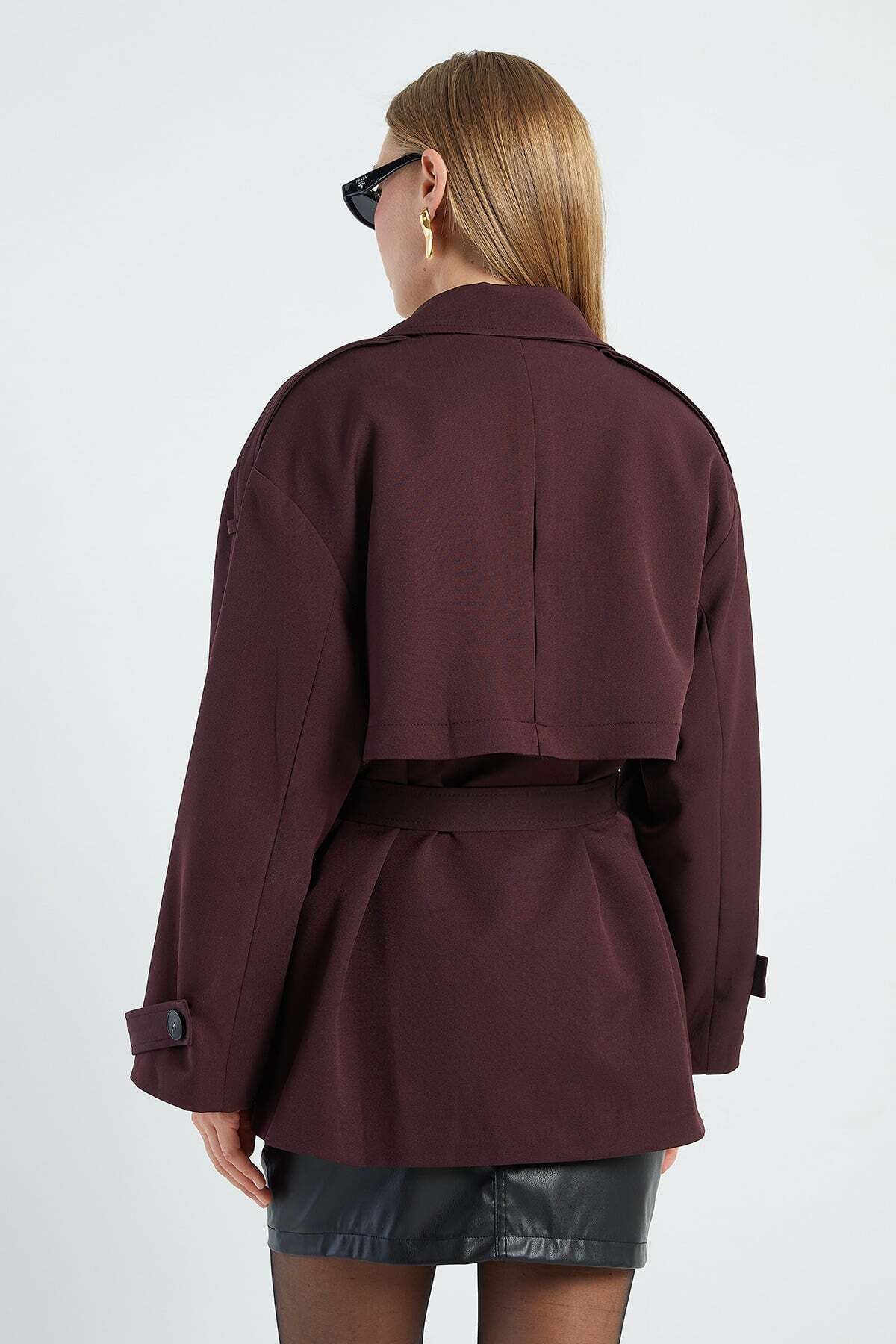Fulla Moda Beli Kemerli Kruvaze Yaka Oversize Trençkot görsel 8