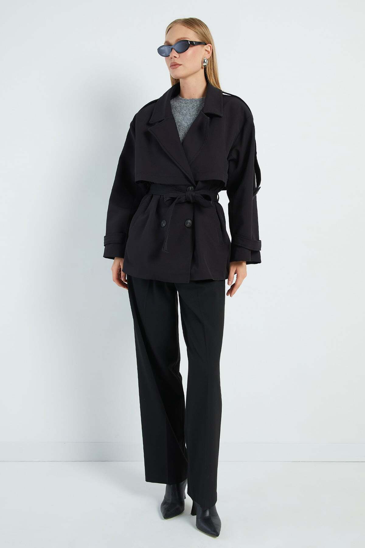 Fulla Moda Beli Kemerli Kruvaze Yaka Oversize Trençkot görsel 6