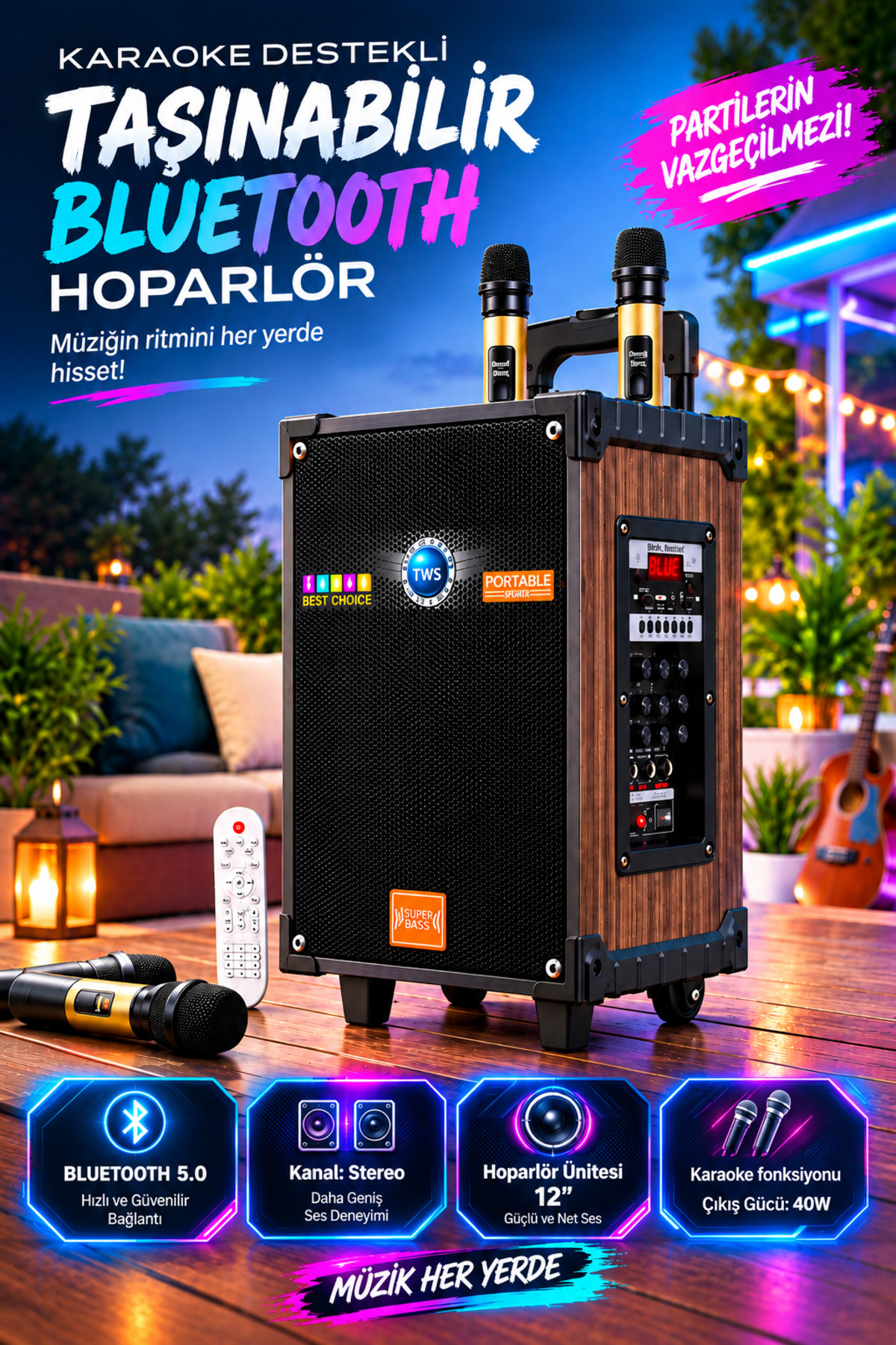 みとらん L'eDoren LT-912 Süper Bass Kumandalı Şarjlı 2 Mikrofonlu Hoparlör