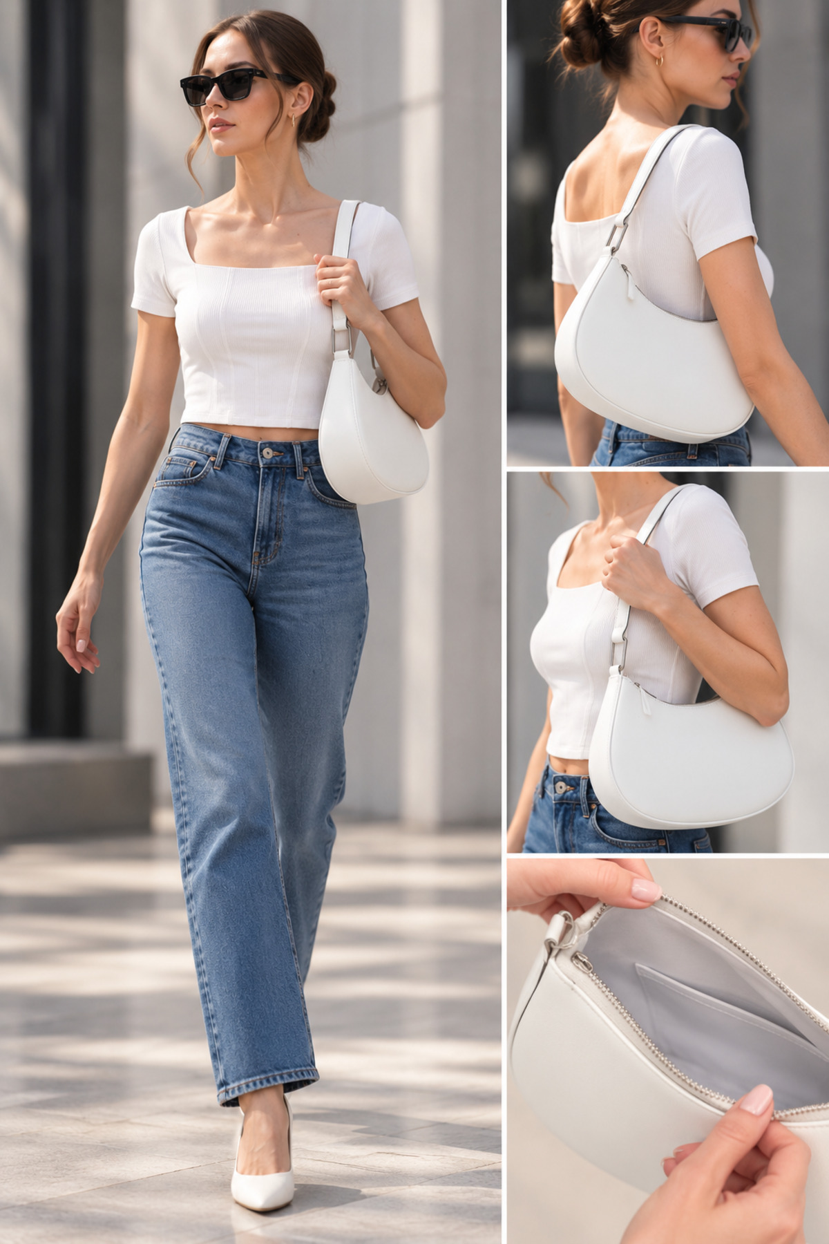 WITH-W Kadın Orijinal Deri Model Beyaz Baget Omuz Çantası Bagi
