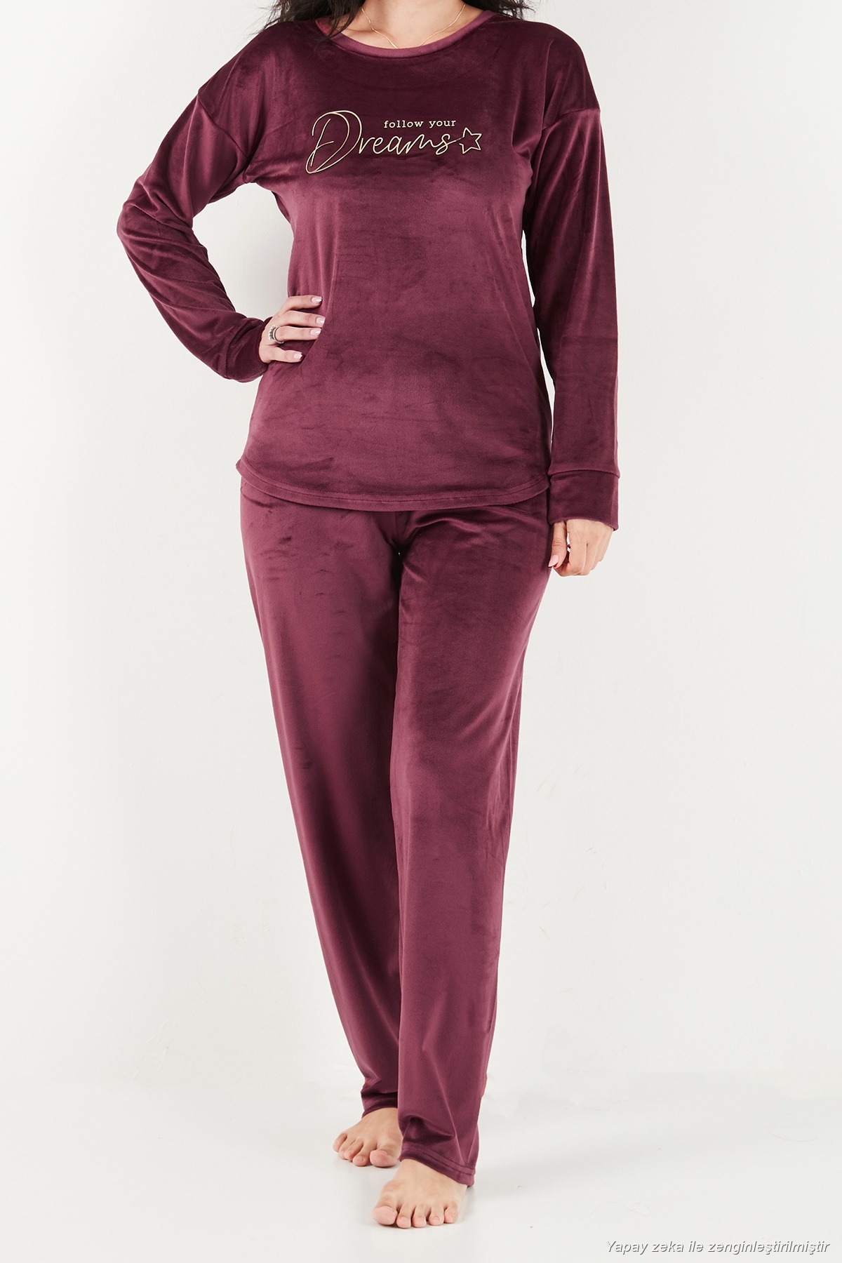Lela Bisiklet Yaka Yumuşak Dokulu Parlak Kadife Pijama Takımı Kadın PİJAMA TAKIMI 6094209 görsel 6