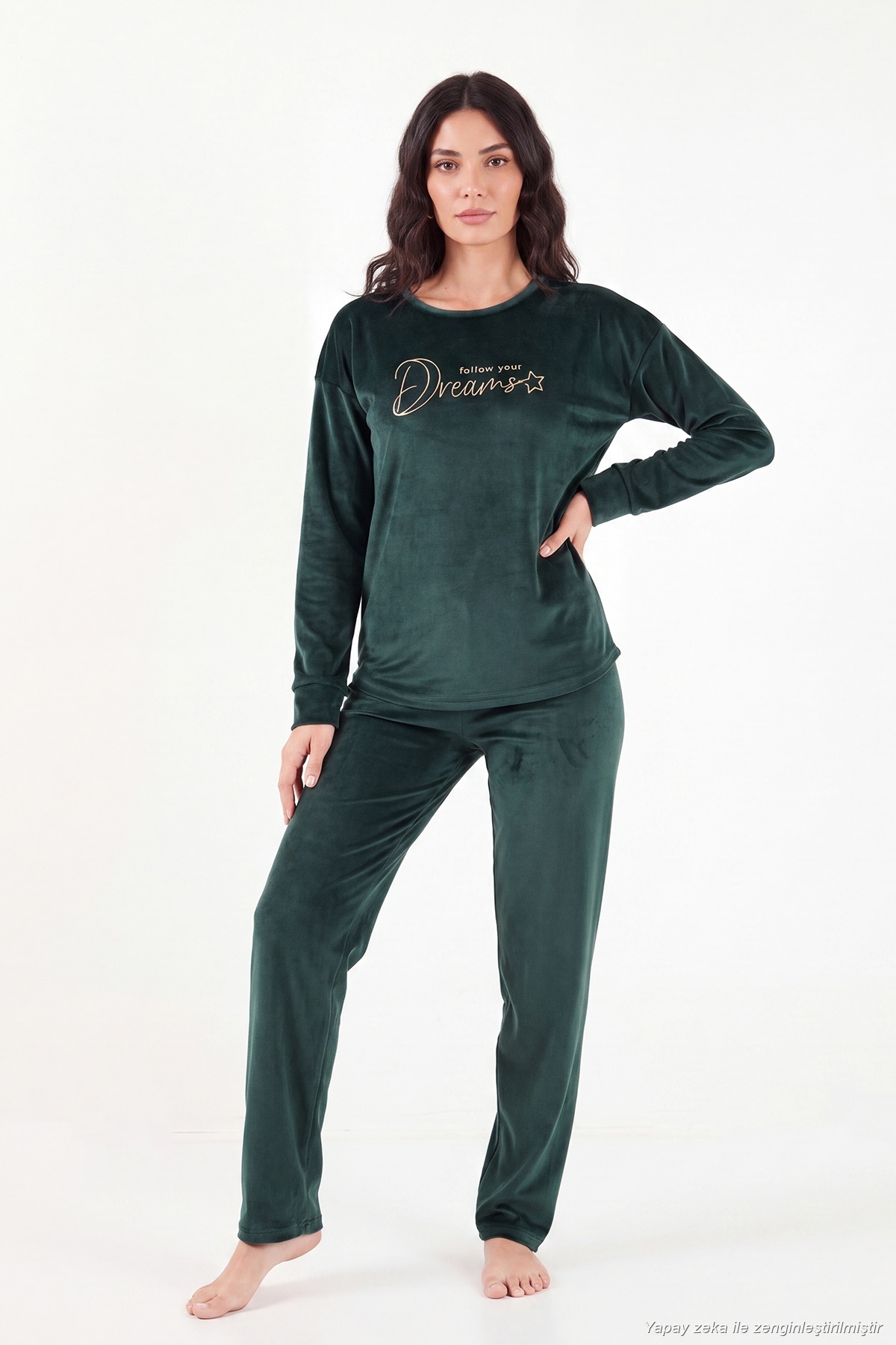 Lela Bisiklet Yaka Yumuşak Dokulu Parlak Kadife Pijama Takımı Kadın PİJAMA TAKIMI 6094209 görsel 2