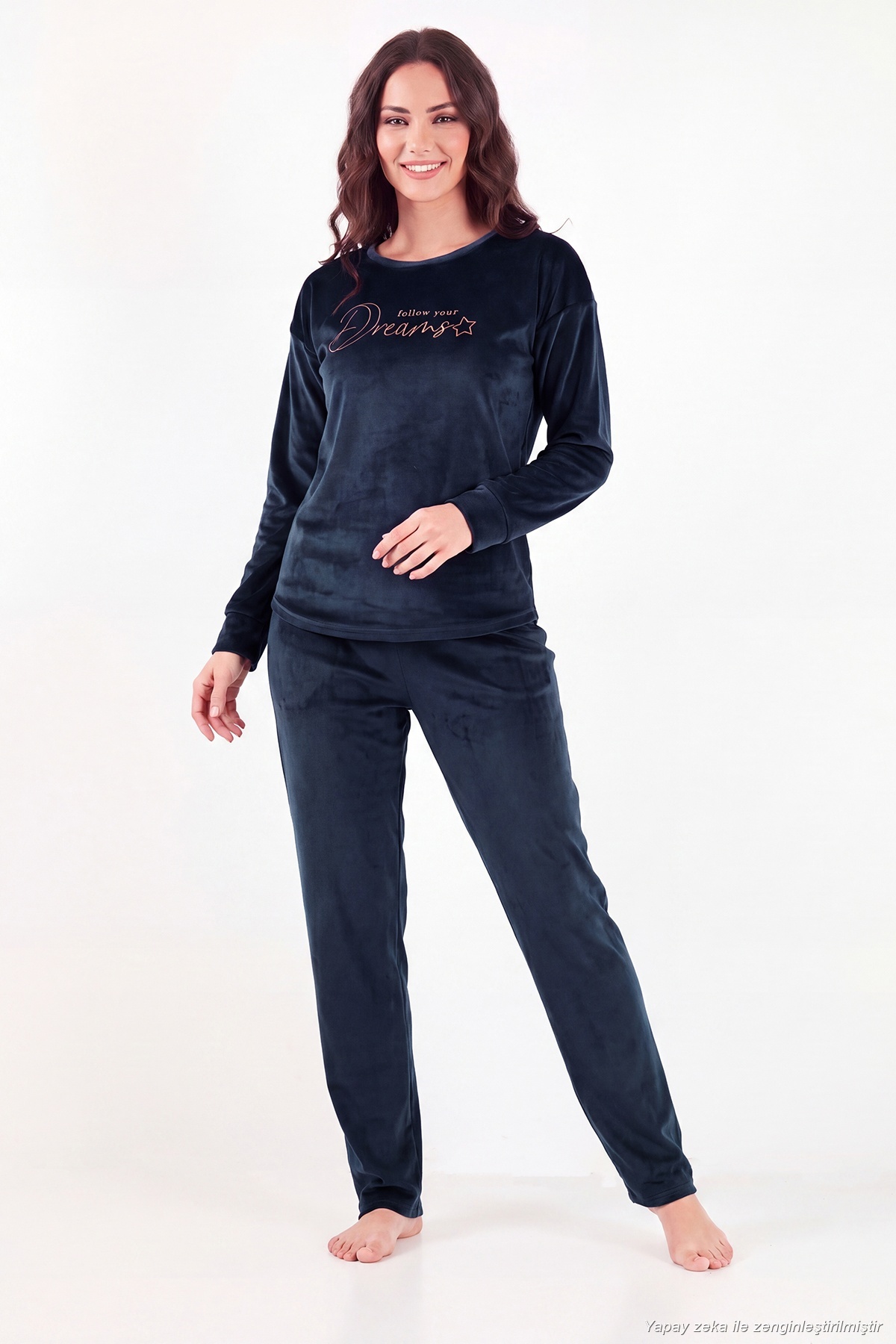 Lela Bisiklet Yaka Yumuşak Dokulu Parlak Kadife Pijama Takımı Kadın PİJAMA TAKIMI 6094209 görsel 2