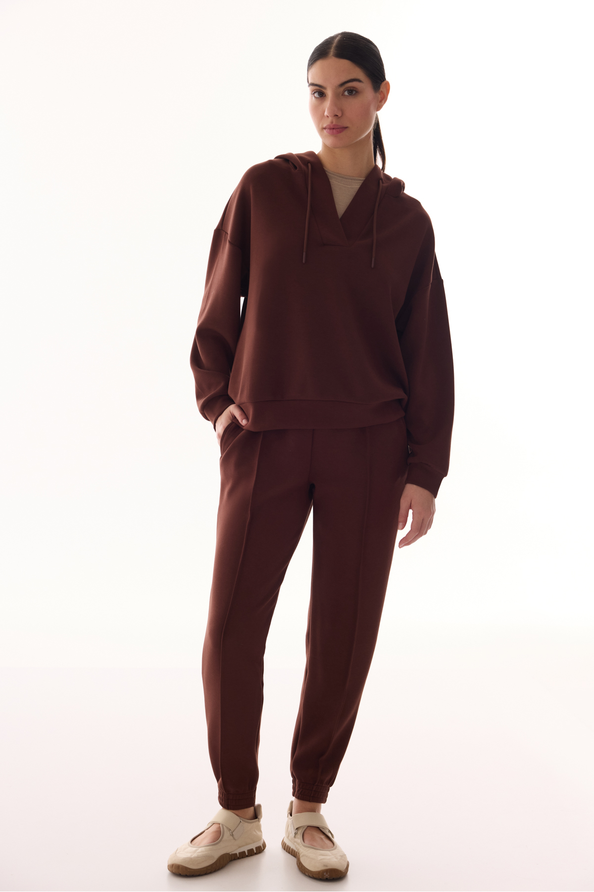 Penti Kahverengi İpeksi Dokulu V Yaka Uzun Kollu Sweatshirt