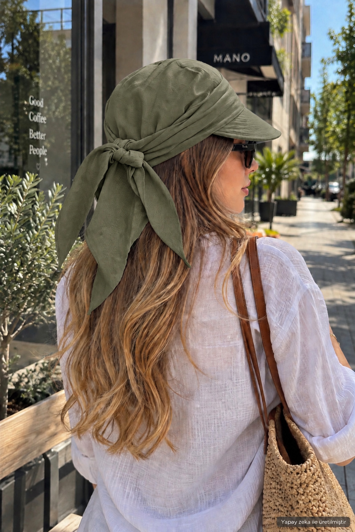ZERAMİNE Haki Kadın Siperli Şapka, Arkadan Bağlamalı Bandana Model Yazlık Kep Tesettür Uyumlu görsel 3