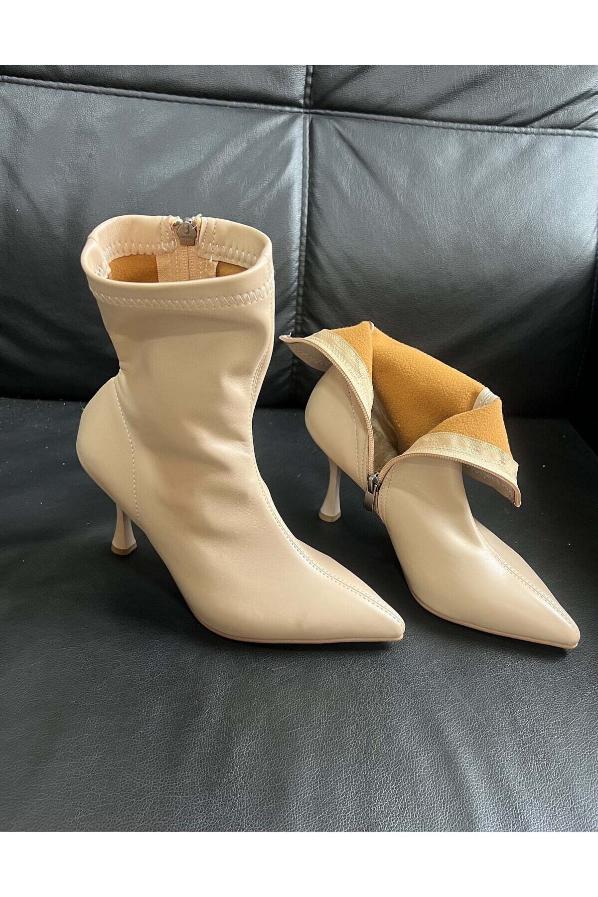 dabab shoes Kadın Marya Nut Rengi Streç Cilt Yandan Fermuar Sivri Burun İnce Topuklu Bot görsel 5