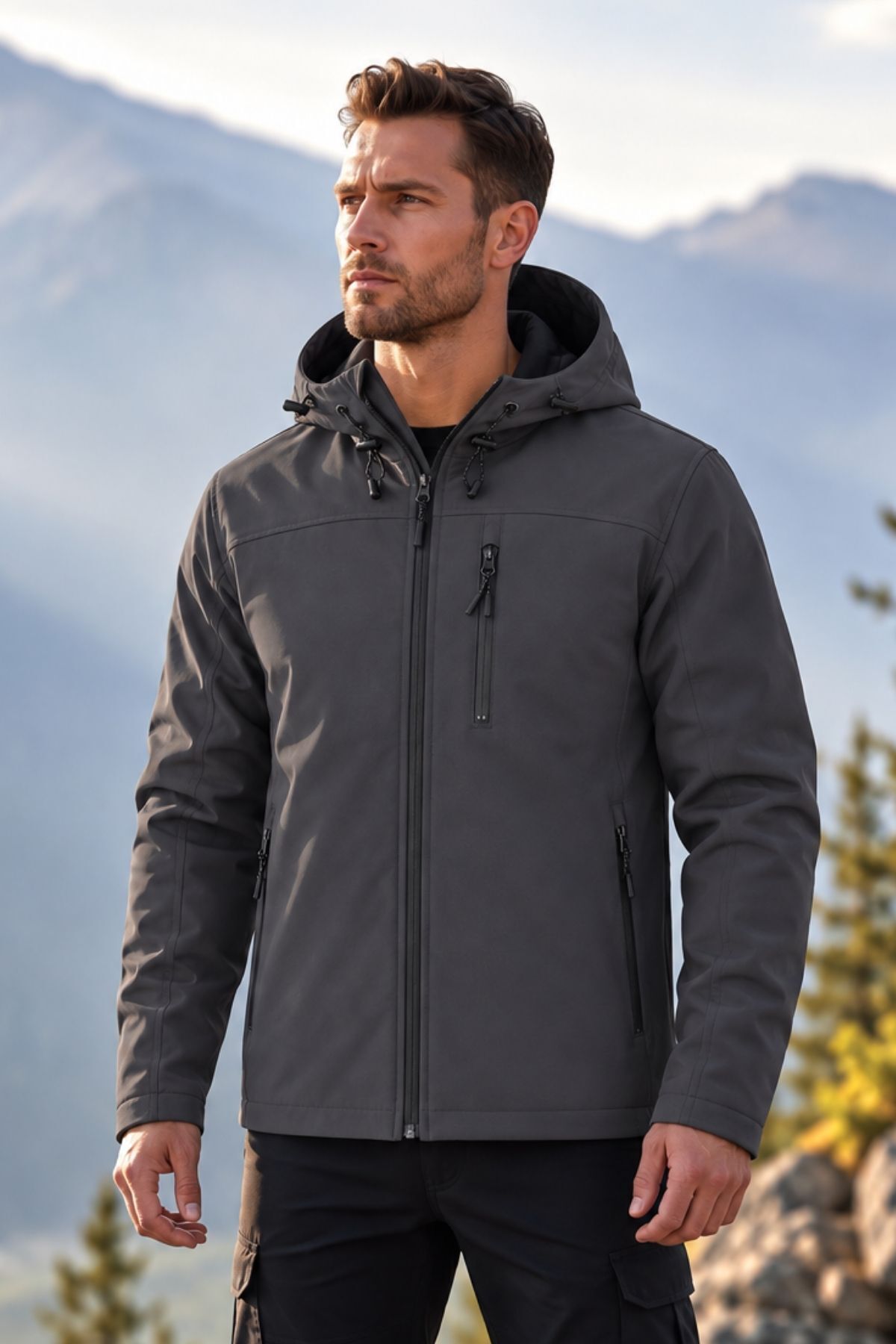 GHASSY CO Erkek İçi Polarlı Su ve Rüzgar Geçirmez Softshell Spor Mont — خاکستری 869866069