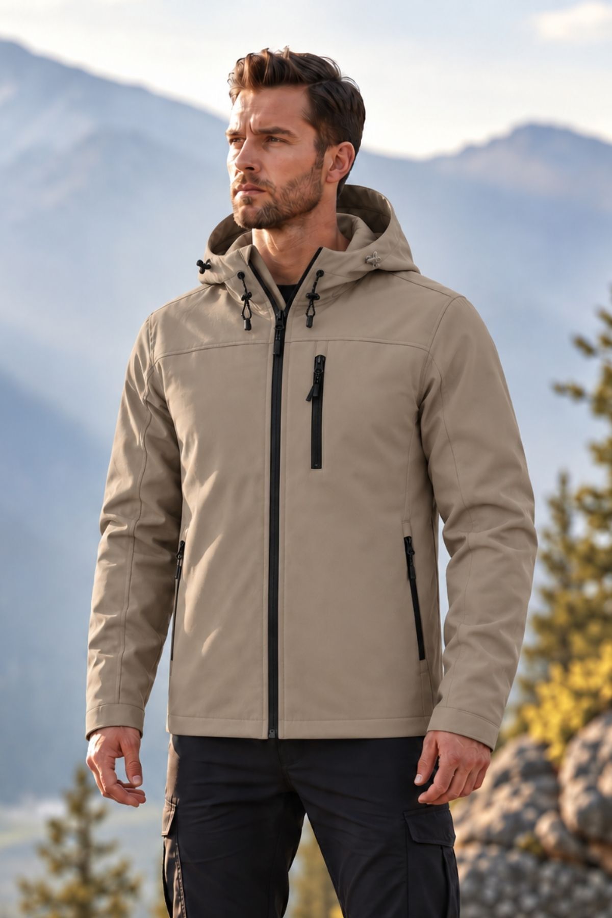GHASSY CO Erkek İçi Polarlı Su ve Rüzgar Geçirmez Softshell Spor Mont — بژ 869866069