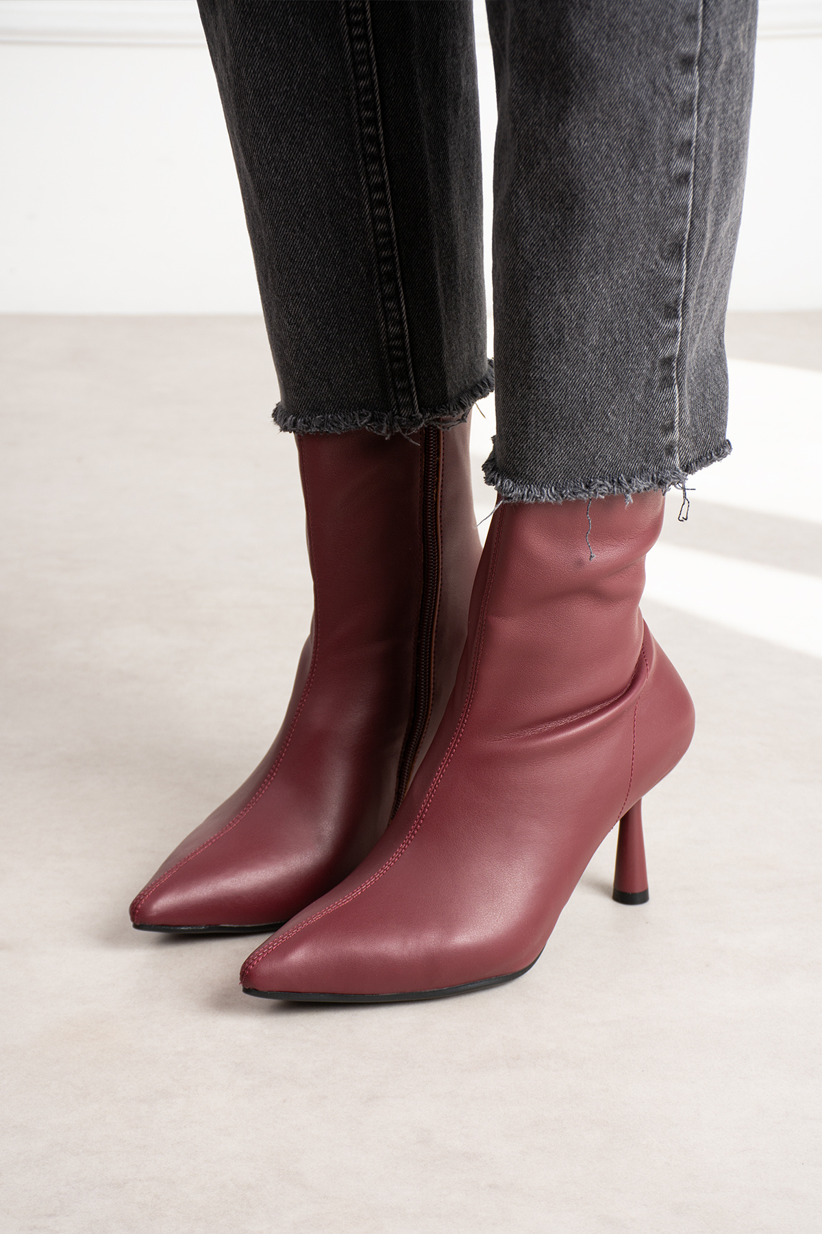 dabab shoes MARYA Kadın Bordo Streç Cilt Sivri Burun Sıcak Astarlı Fermuarlı 7 Cm İnce Topuklu Bot Bootie görsel 2