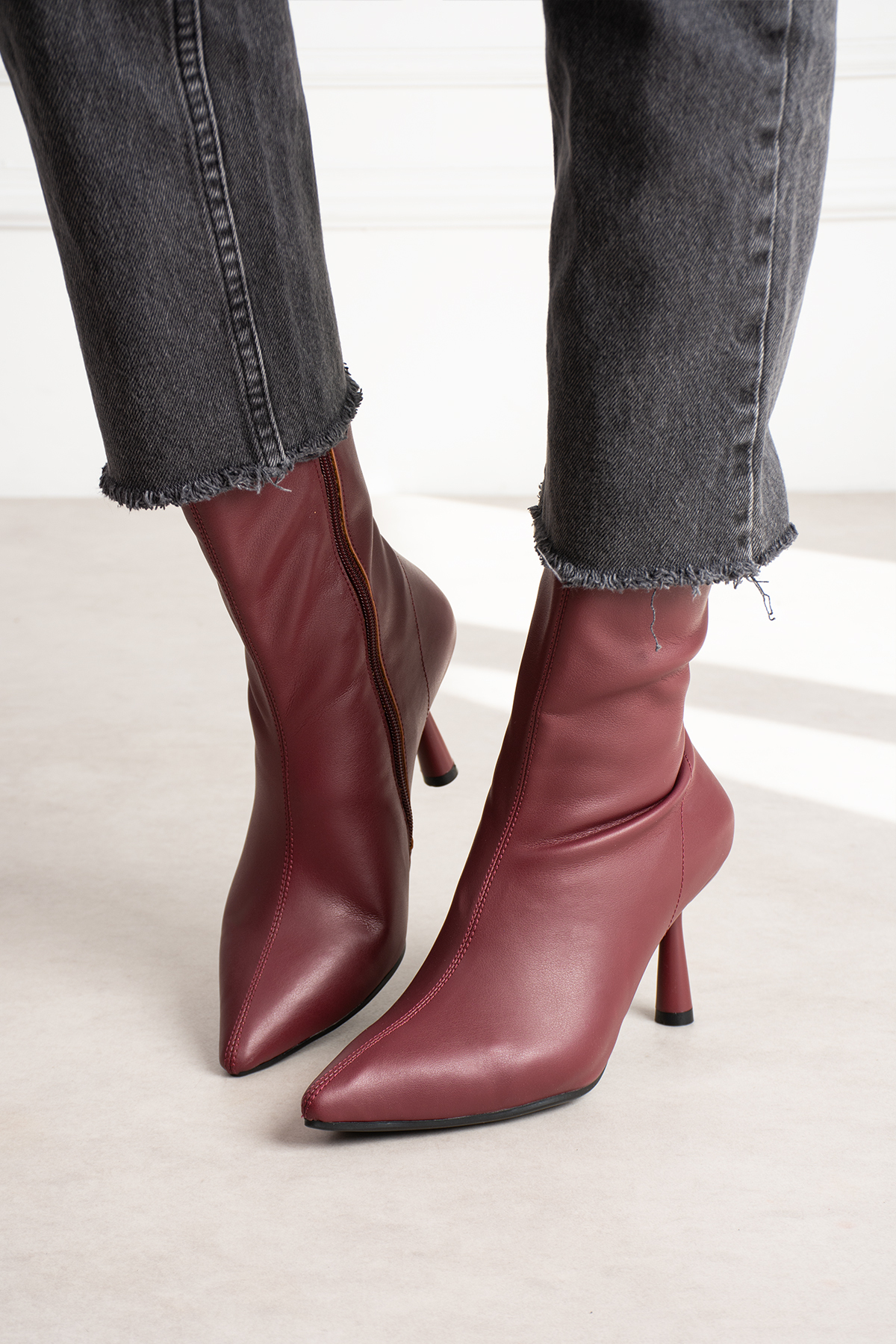 dabab shoes MARYA Kadın Bordo Streç Cilt Sivri Burun Sıcak Astarlı Fermuarlı 7 Cm İnce Topuklu Bot Bootie