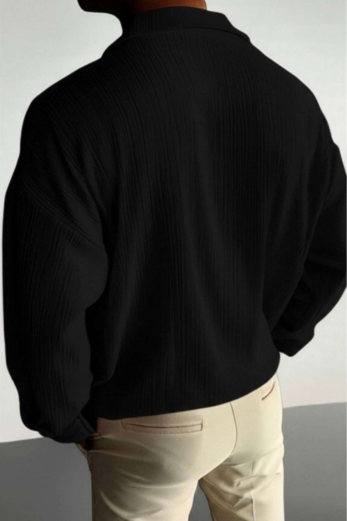 NO 601 Erkek Siyah Oversize Bürümcük Kumaş Gömlek görsel 2