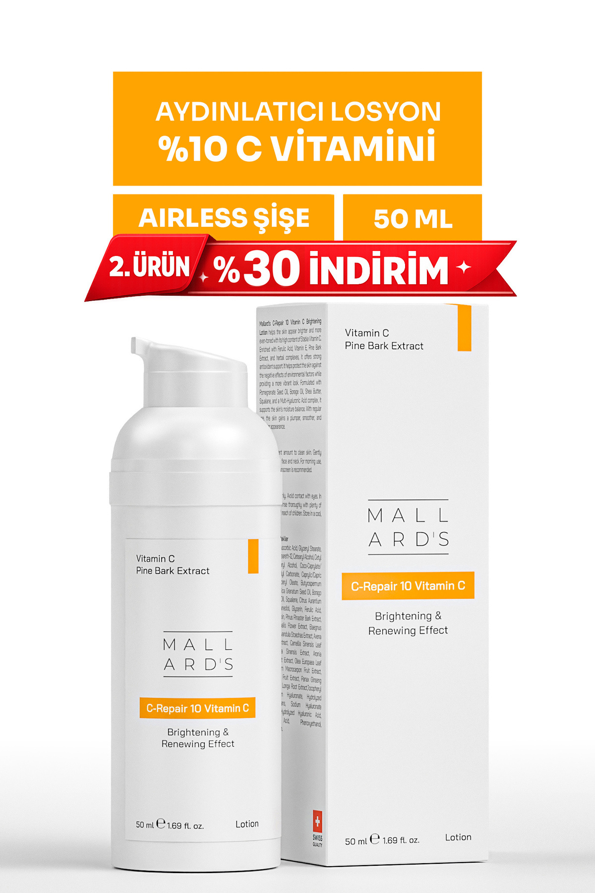 MALL ARD'S C-Force 10 Losyon, Aydınlatıcı ve Yaşlanma Karşıtı C Vitamini Losyonu (%10), 50 ml — MACBL50