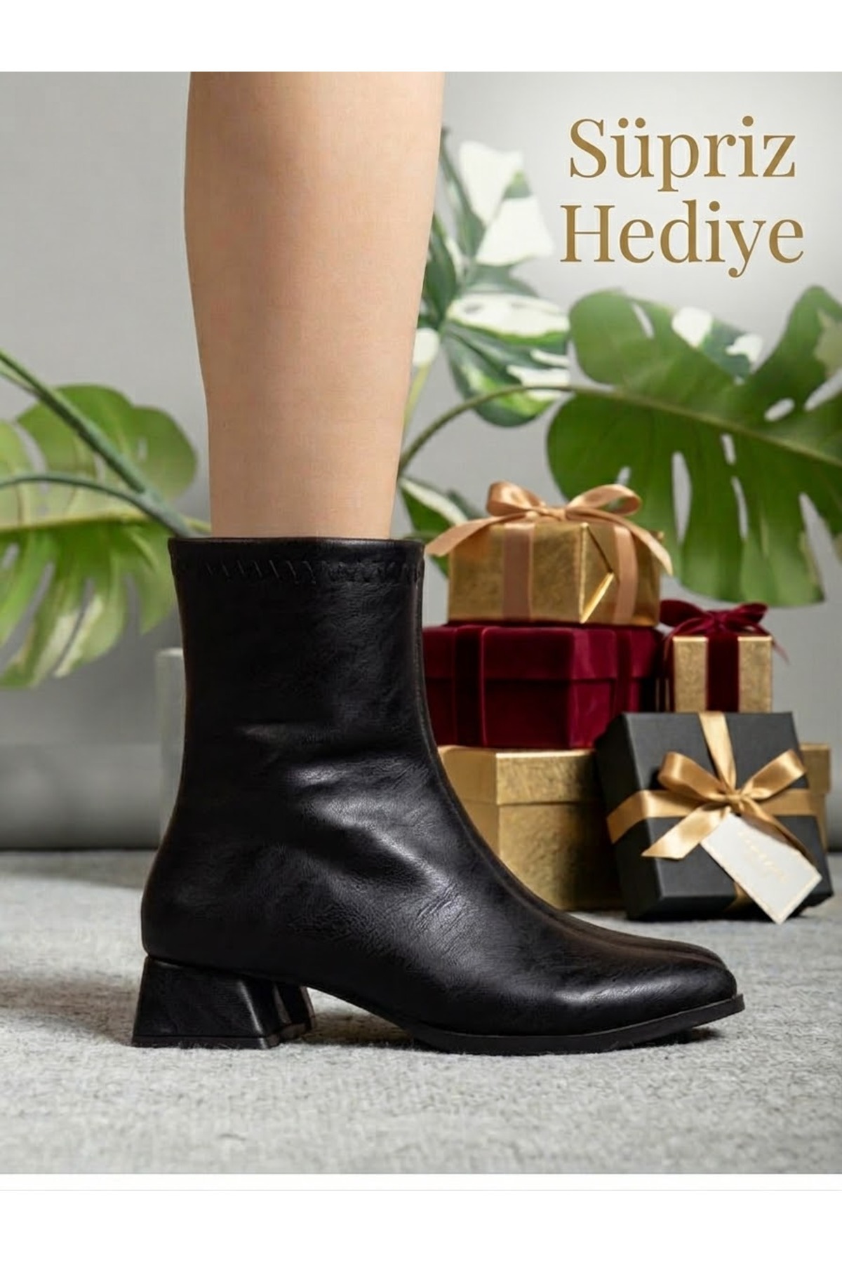 AYENDE MODA Kadın Siyah CİLT Orta Boy Topuklu Bot Mekvalli