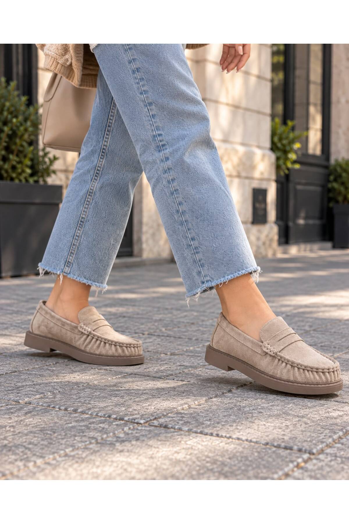 RoseVeno Rolly Kadın Bej Süet Penny Makosen Kadın Loafer Ayakkabı görsel 3
