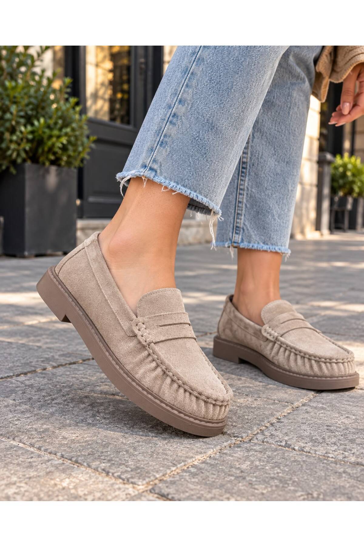 RoseVeno Rolly Kadın Bej Süet Penny Makosen Kadın Loafer Ayakkabı görsel 2