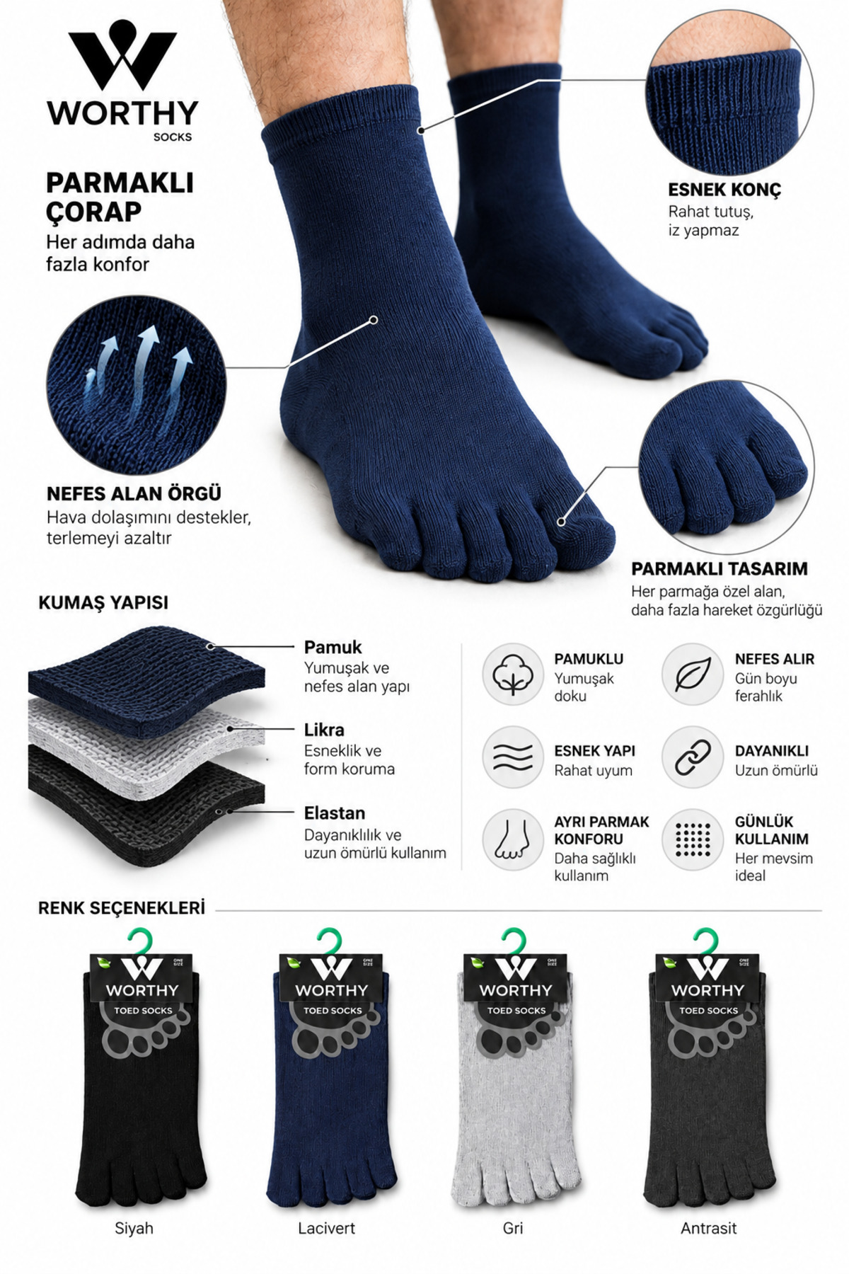 WORTHY SOCKS 4 Çift Unisex Bambu Parmak Çorap Mantar Önleyici Ter Emici 4' lü görsel 2
