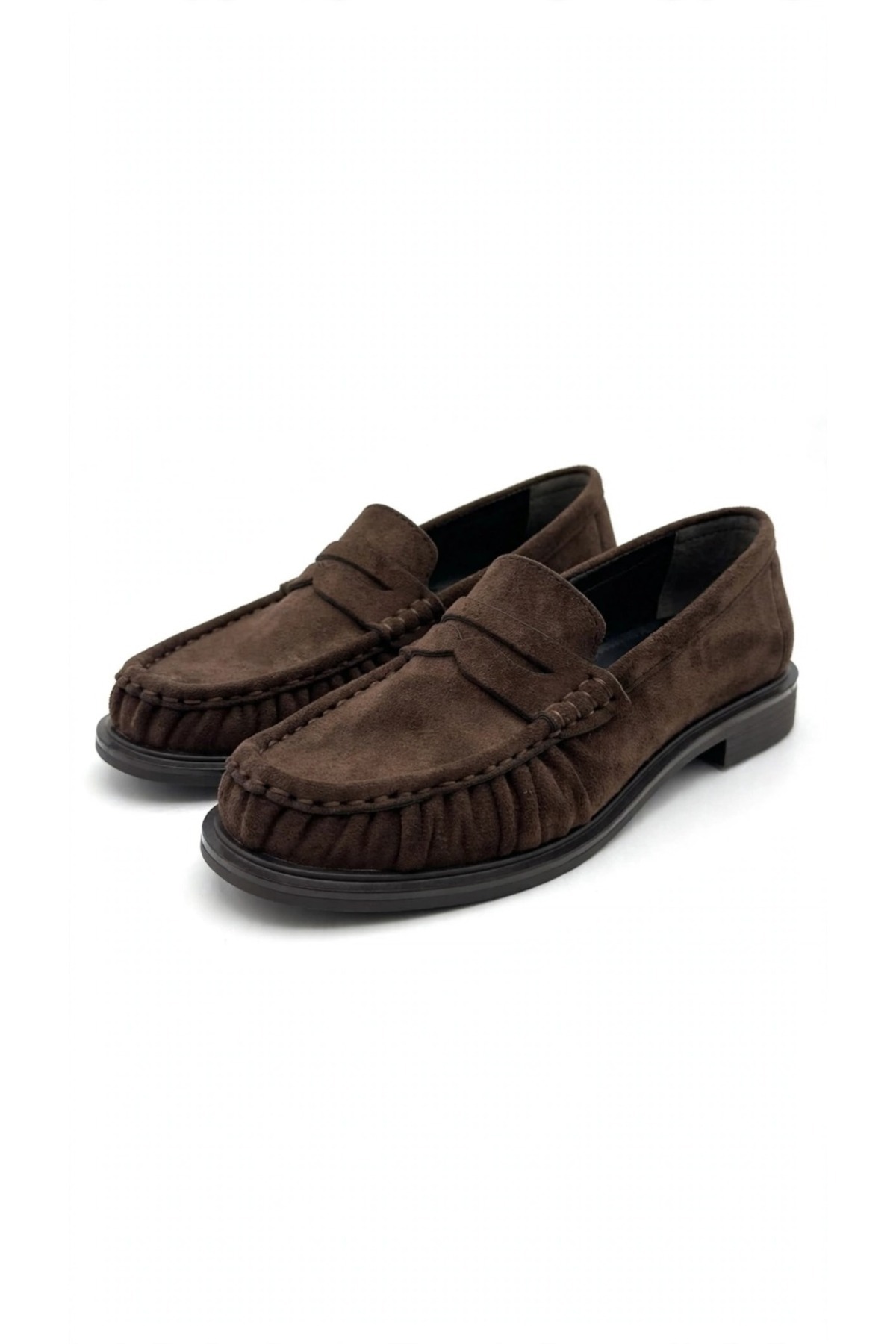 Trendlov OLVENİA Kahverengi Süet Kadın Günlük Rahat Loafer Ayakkabı - Büzgülü Penny Moccasin görsel 5