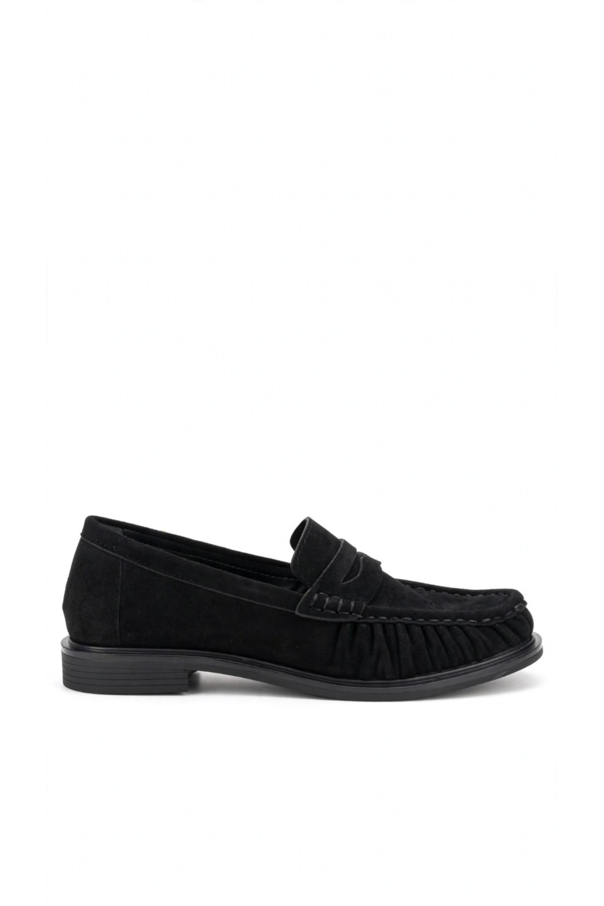 Trendlov OLVENİA Siyah Süet Kadın Loafer - Büzgülü Penny Moccasin