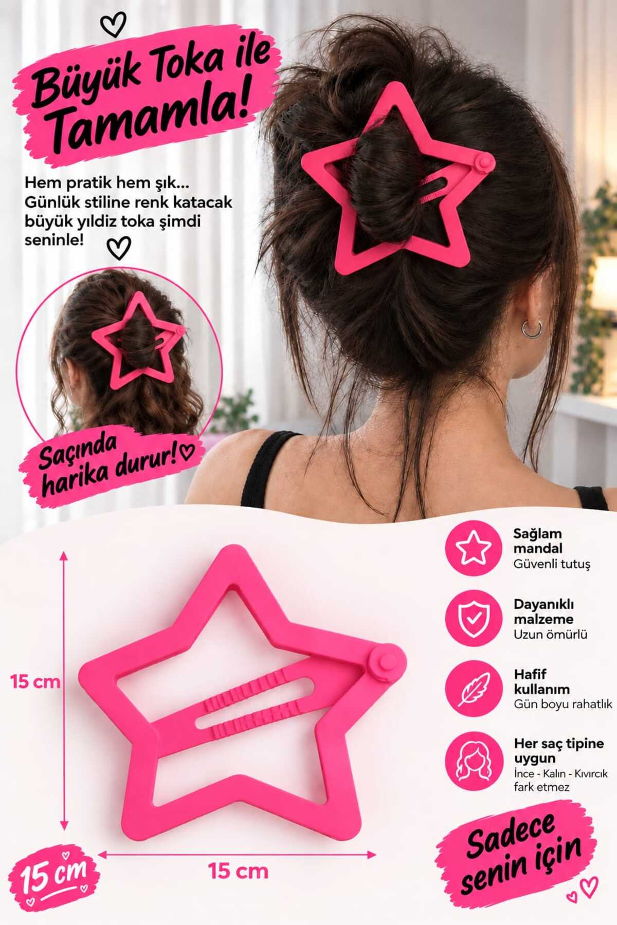 ACT E-COMMERCE Yıldız Desenli Toka, Big Hair Clip 15 Cm (Pembe)