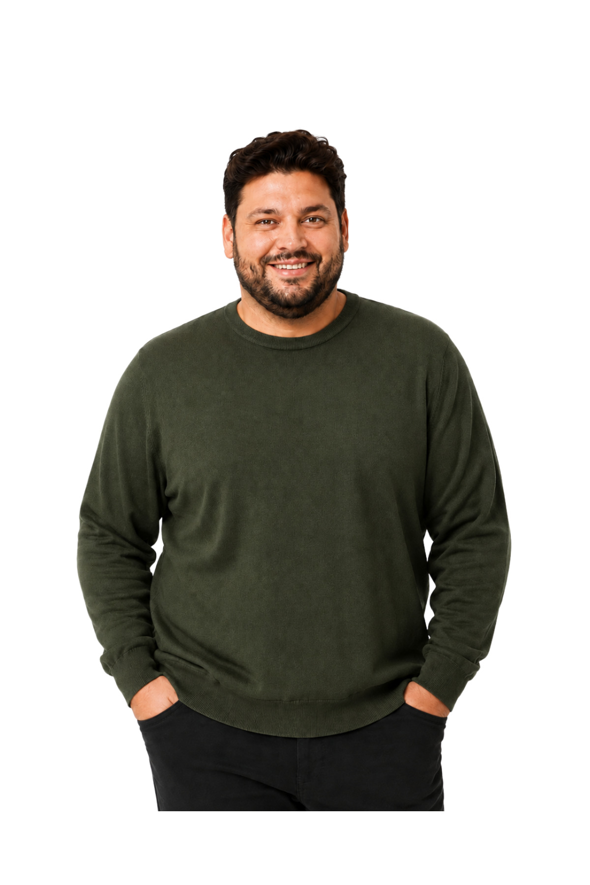 BattalModa Erkek Büyük Beden Haki Bisiklet Yaka Pamuklu Kazak 3XL-4XL-5XL-6XL
