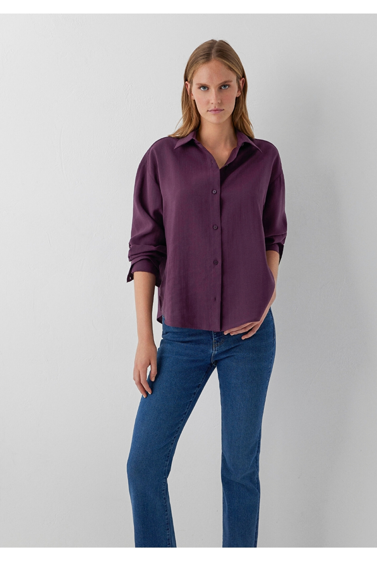 (tencel) Lyocell karışımlı oversiz (geniş kesim) kadın gömlek. — بنفش 87513708532454(özse giyim) — تصویر 2 از 4