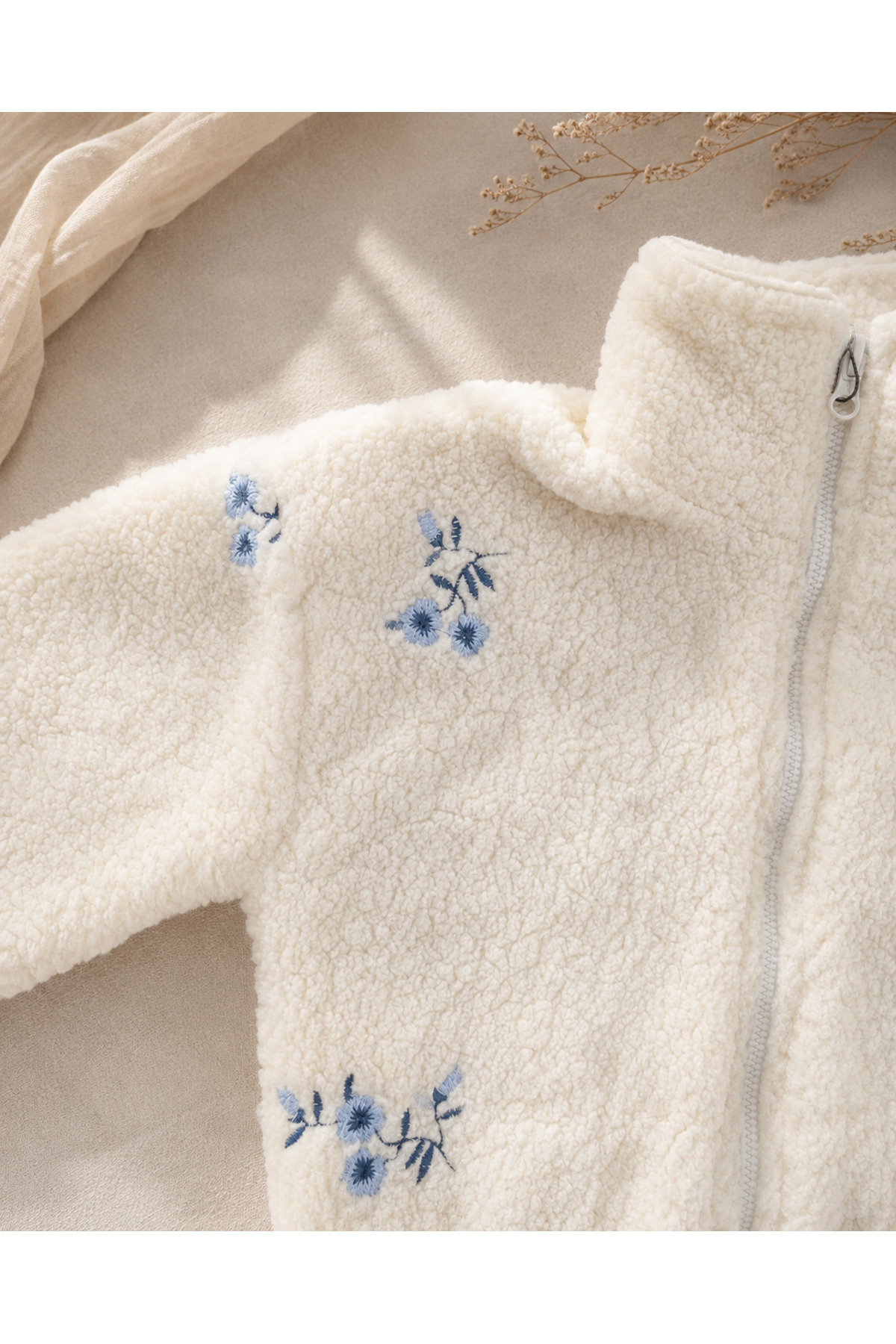 Nakışlı Fermuarlı Peluş Kız Çocuk Mont