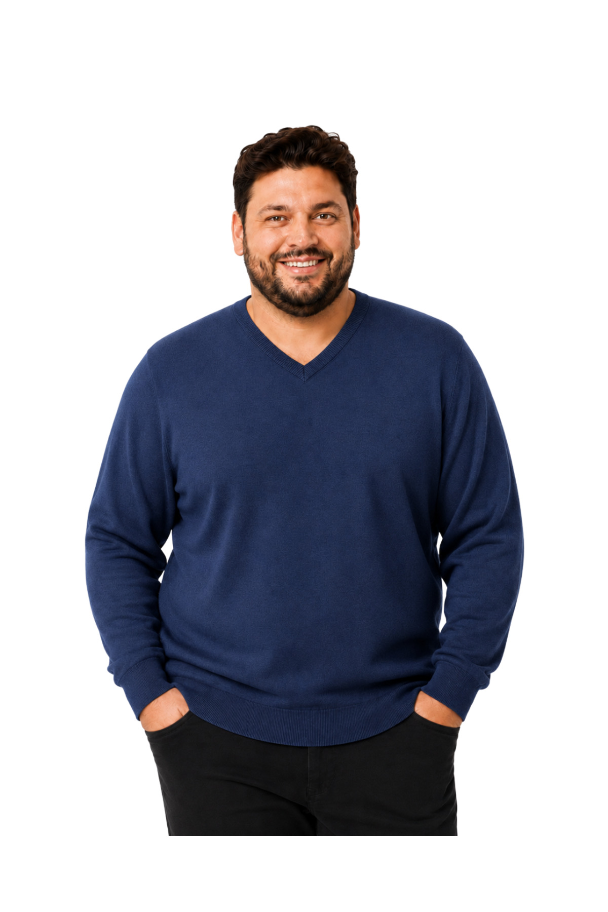 BattalModa Erkek Büyük Beden İndigo V Yaka Pamuklu Kazak 3XL-4XL-5XL-6XL