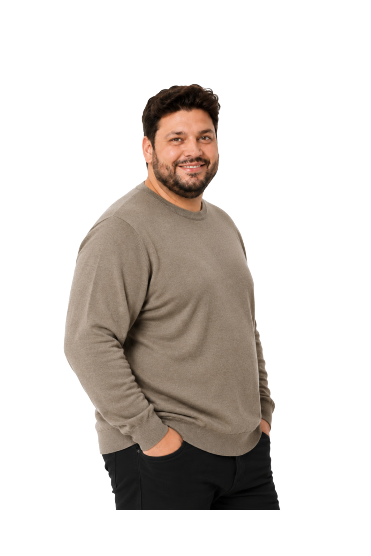 BattalModa Erkek Büyük Beden Vizon Bisiklet Yaka Pamuklu Kazak 3XL-4XL-5XL-6XL görsel 2