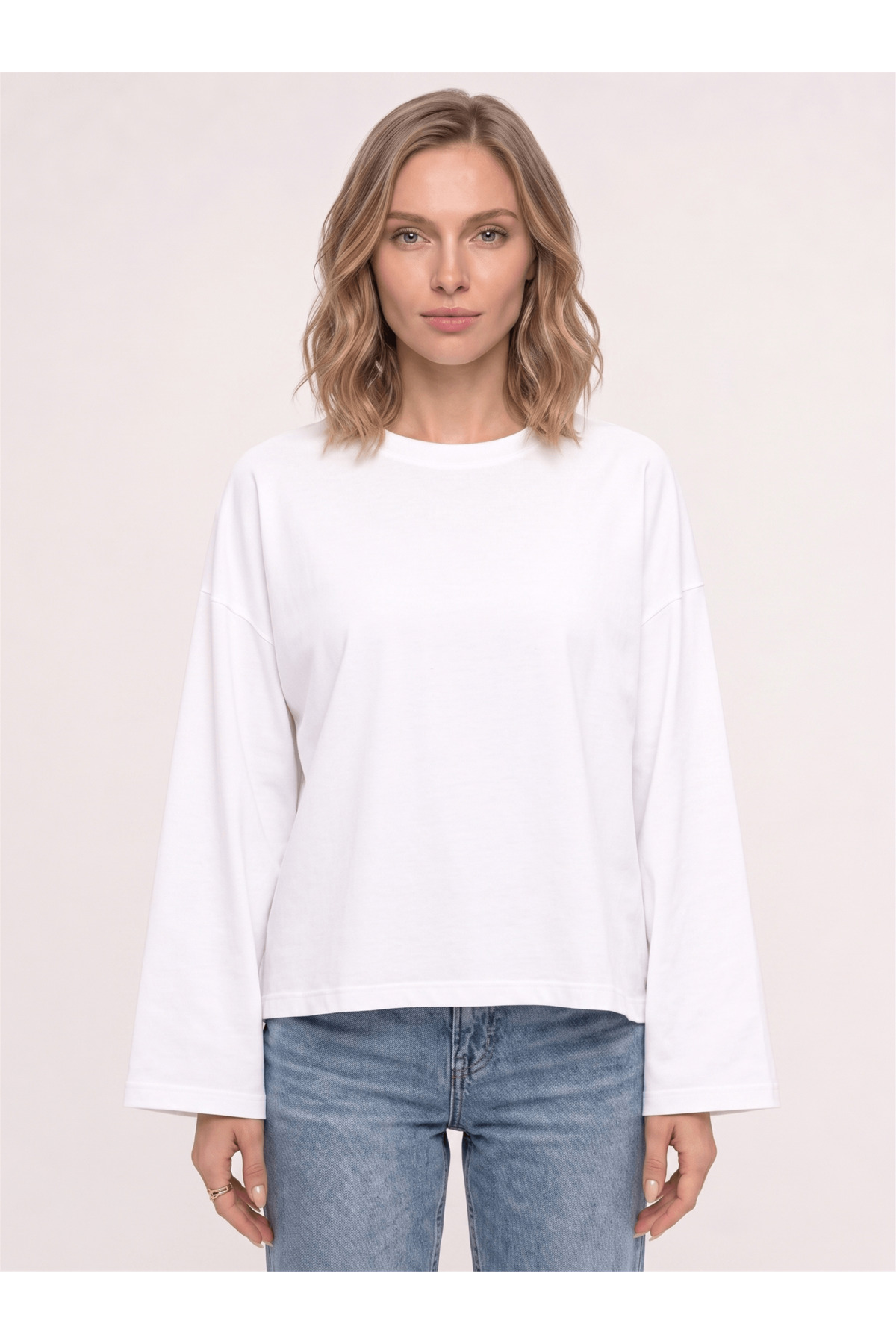 Co Trendiz Kadın %100 Pamuk Bisiklet Yaka Uzun Kollu T-shirt Beyaz görsel 3