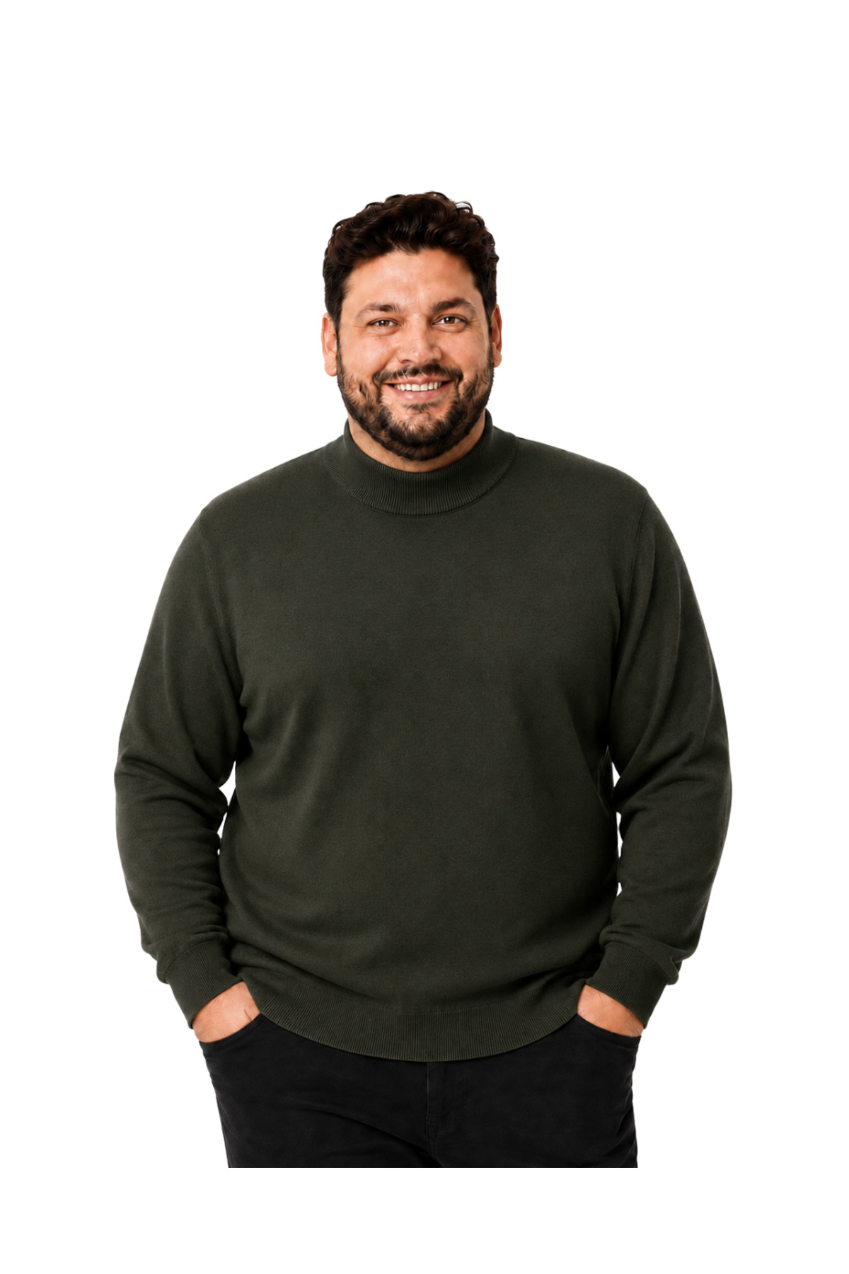 BattalModa Erkek Büyük Beden Haki Yarım Balıkçı Pamuklu Kazak 3XL-4XL-5XL-6XL