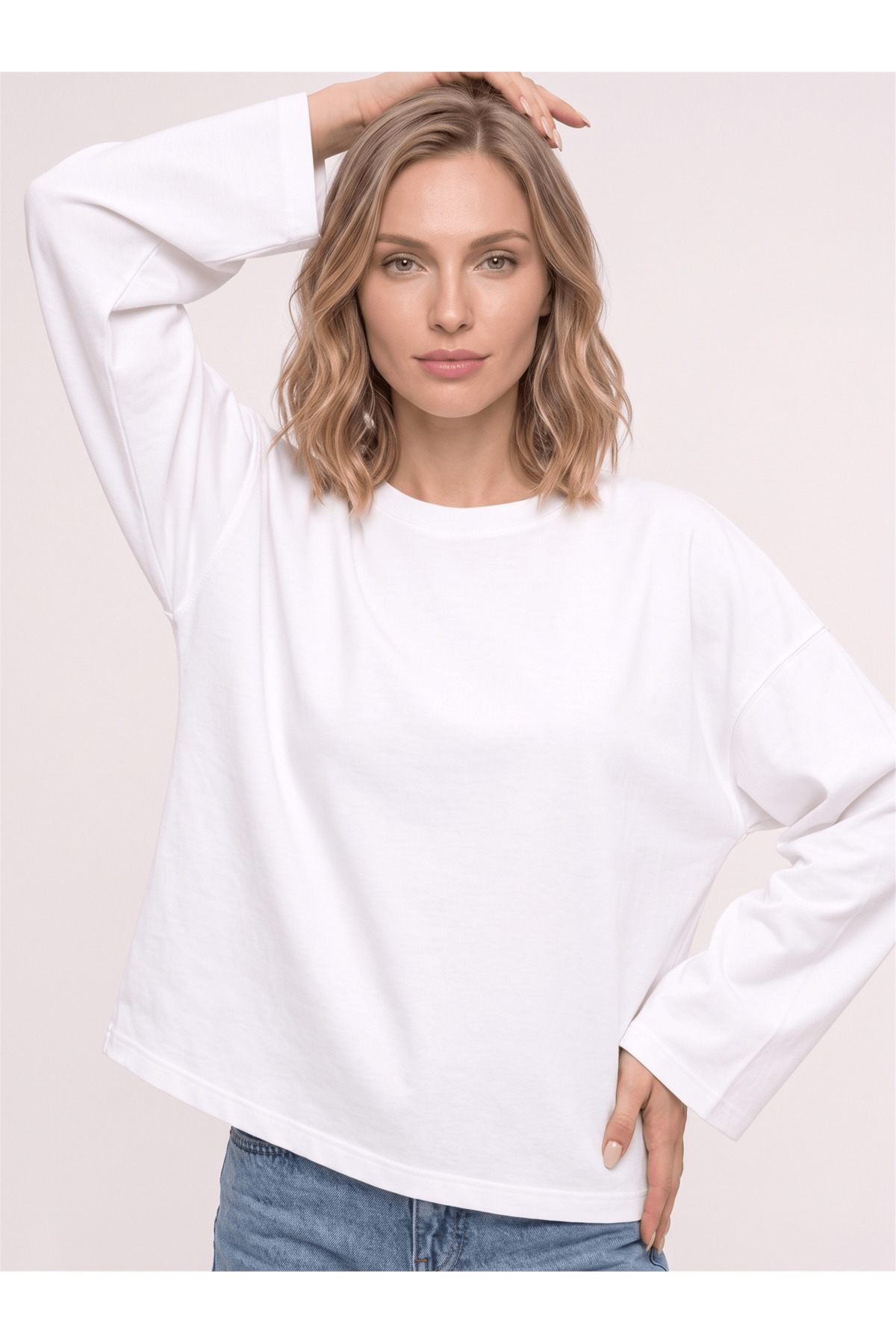 Co Trendiz Kadın %100 Pamuk Bisiklet Yaka Uzun Kollu T-shirt Beyaz görsel 2