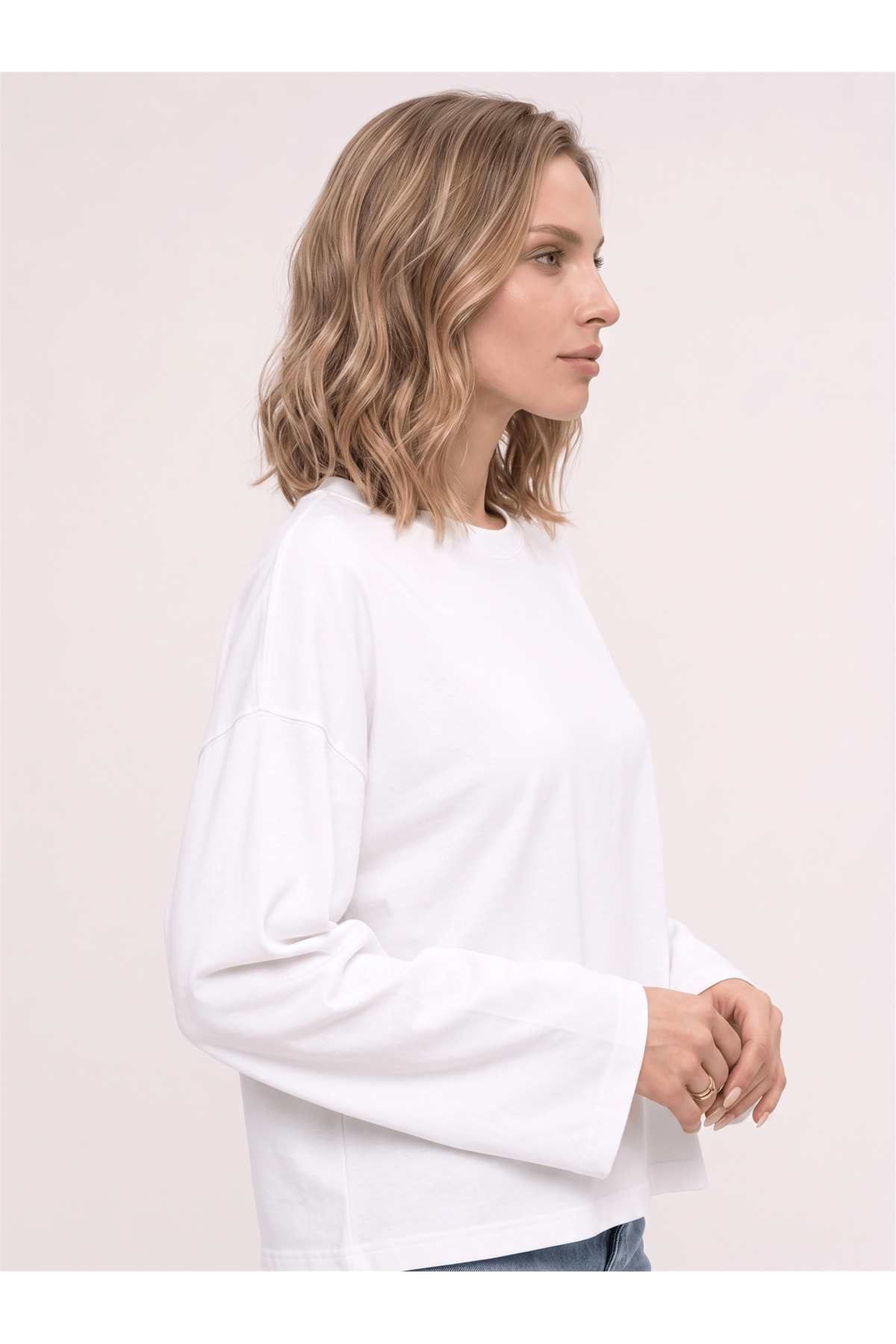 Co Trendiz Kadın %100 Pamuk Bisiklet Yaka Uzun Kollu T-shirt Beyaz görsel 4