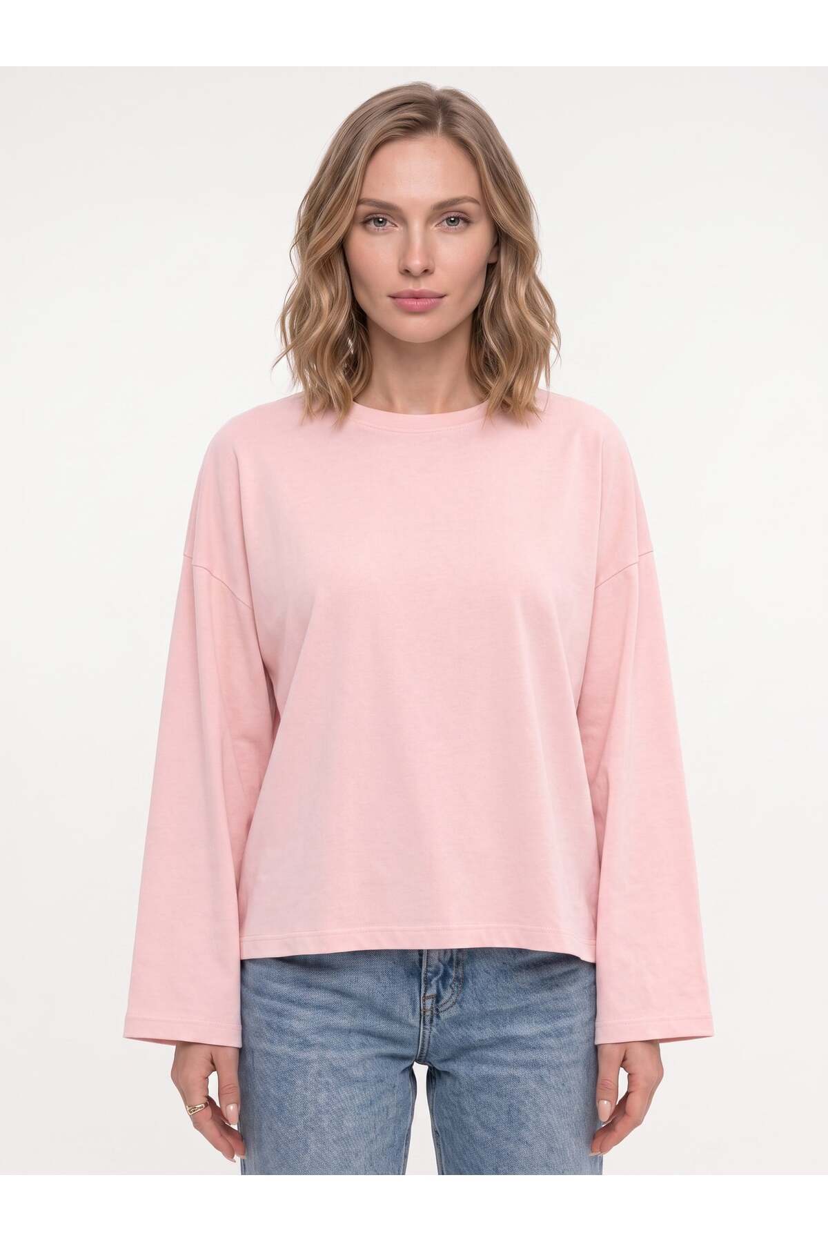 Co Trendiz Kadın %100 Pamuk Bisiklet Yaka Uzun Kollu T-shirt Pembe