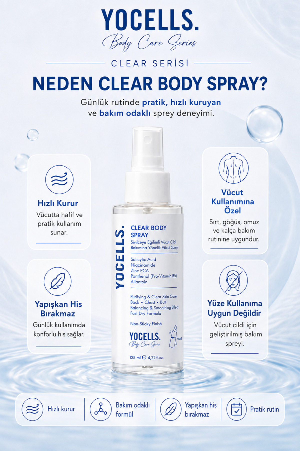 Sırt Göğüs Kalça ve Akne Görünümüne Yönelik Vücut Spreyi Salisilik Asit Niasinamid Zinc PCA 125 ml — VSS01 — تصویر 3 از 6