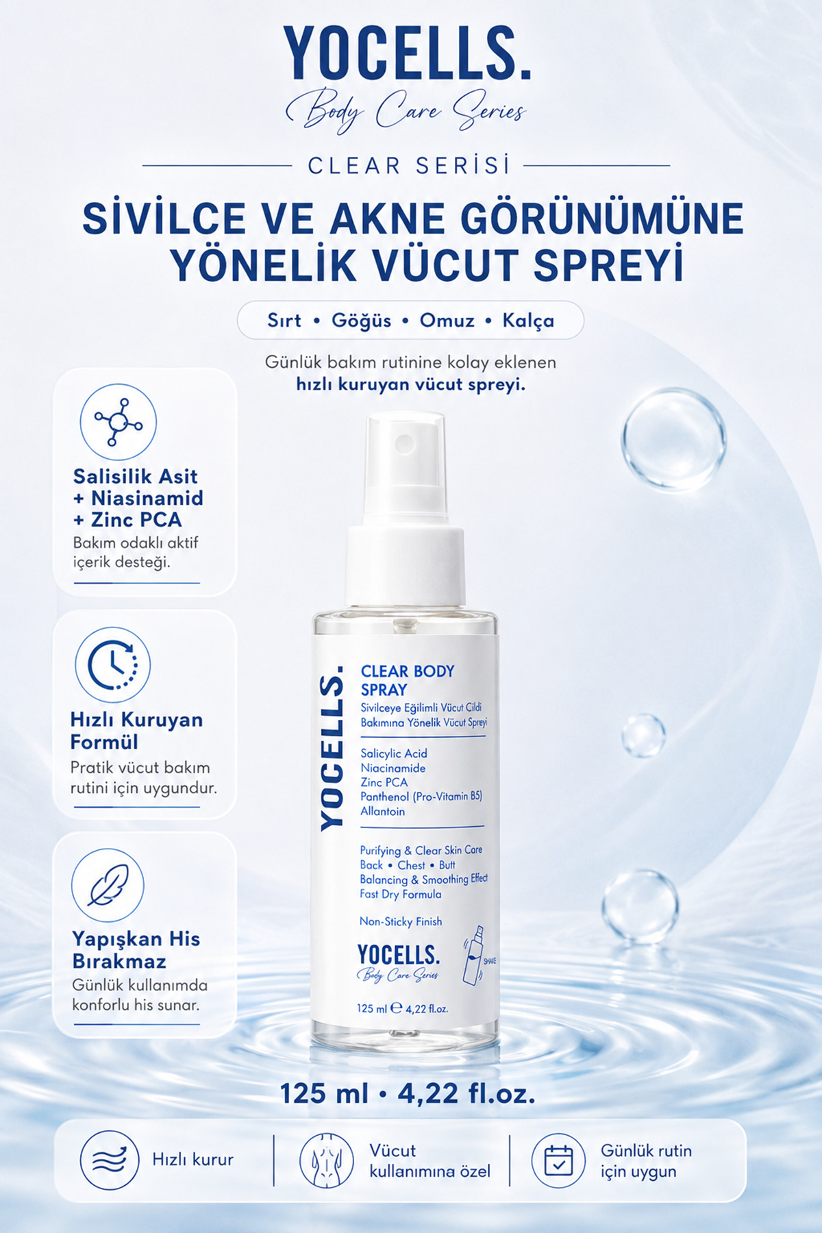 YoCells Sırt Göğüs Kalça ve Akne Görünümüne Yönelik Vücut Spreyi Salisilik Asit Niasinamid Zinc PCA 125 ml — VSS01