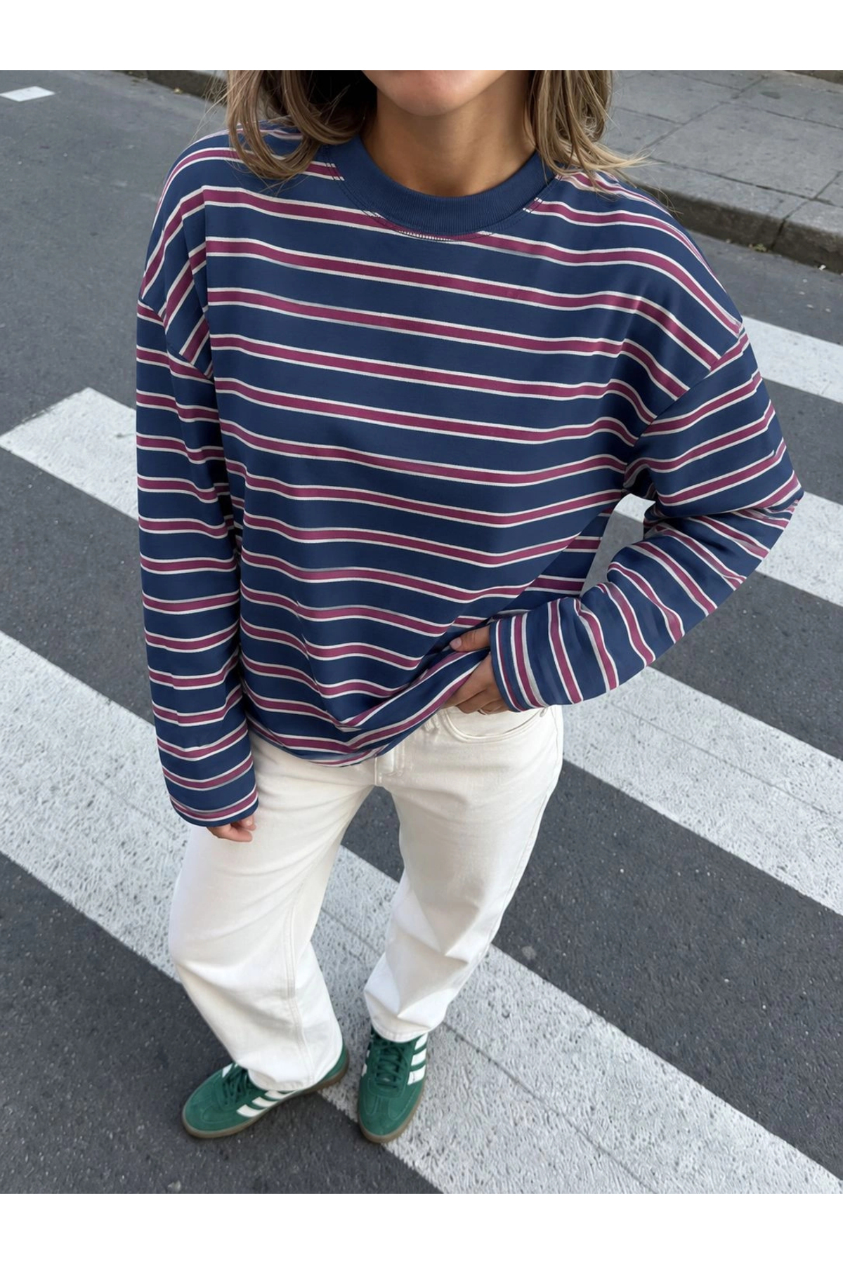 Eka Kadın Viral Laci Oversize Uzun Kollu Çizgili T-shirt 13113 görsel 2