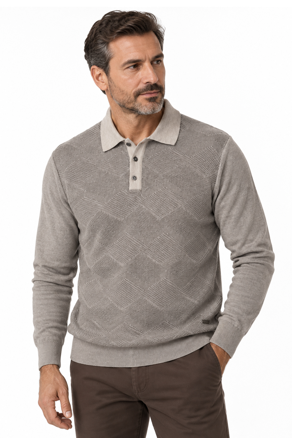 Erkek Desenli Polo Yaka Çıtçıtlı Kazak — بژ T21-07-ÇT